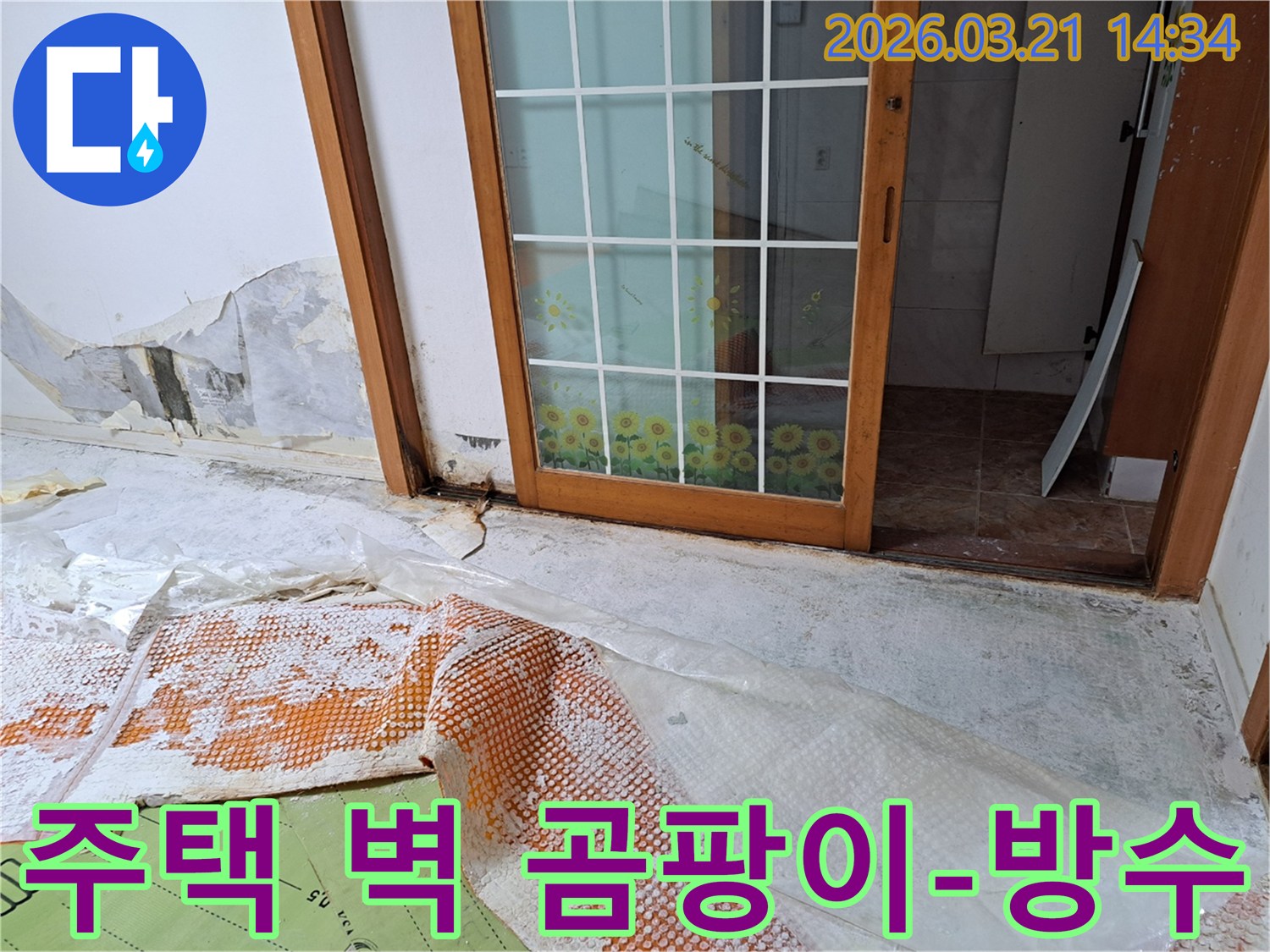 오래된 주택에서 발생한 누수로-벽지가 심하게 훼손되고-곰팡이가 번식한 벽면과-방수 공사를 위한 바닥 보양 작업 현장입니다.