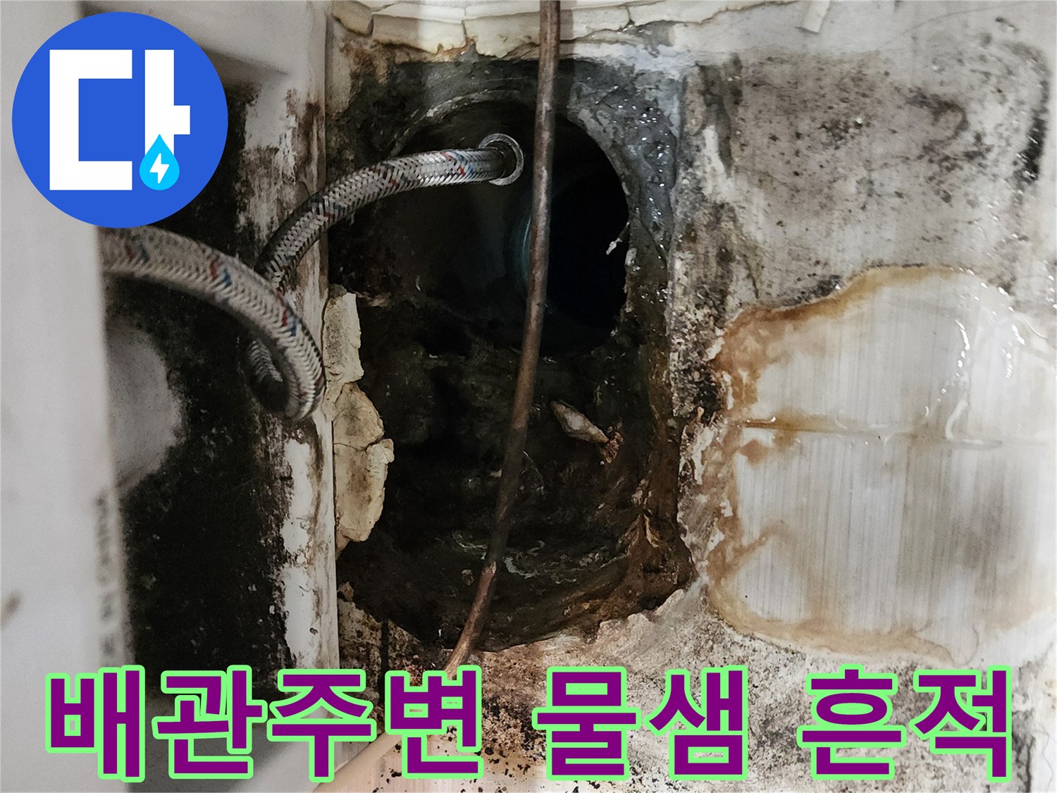배관 주변에 곰팡이와 누수 흔적이 보이는 현장 사진