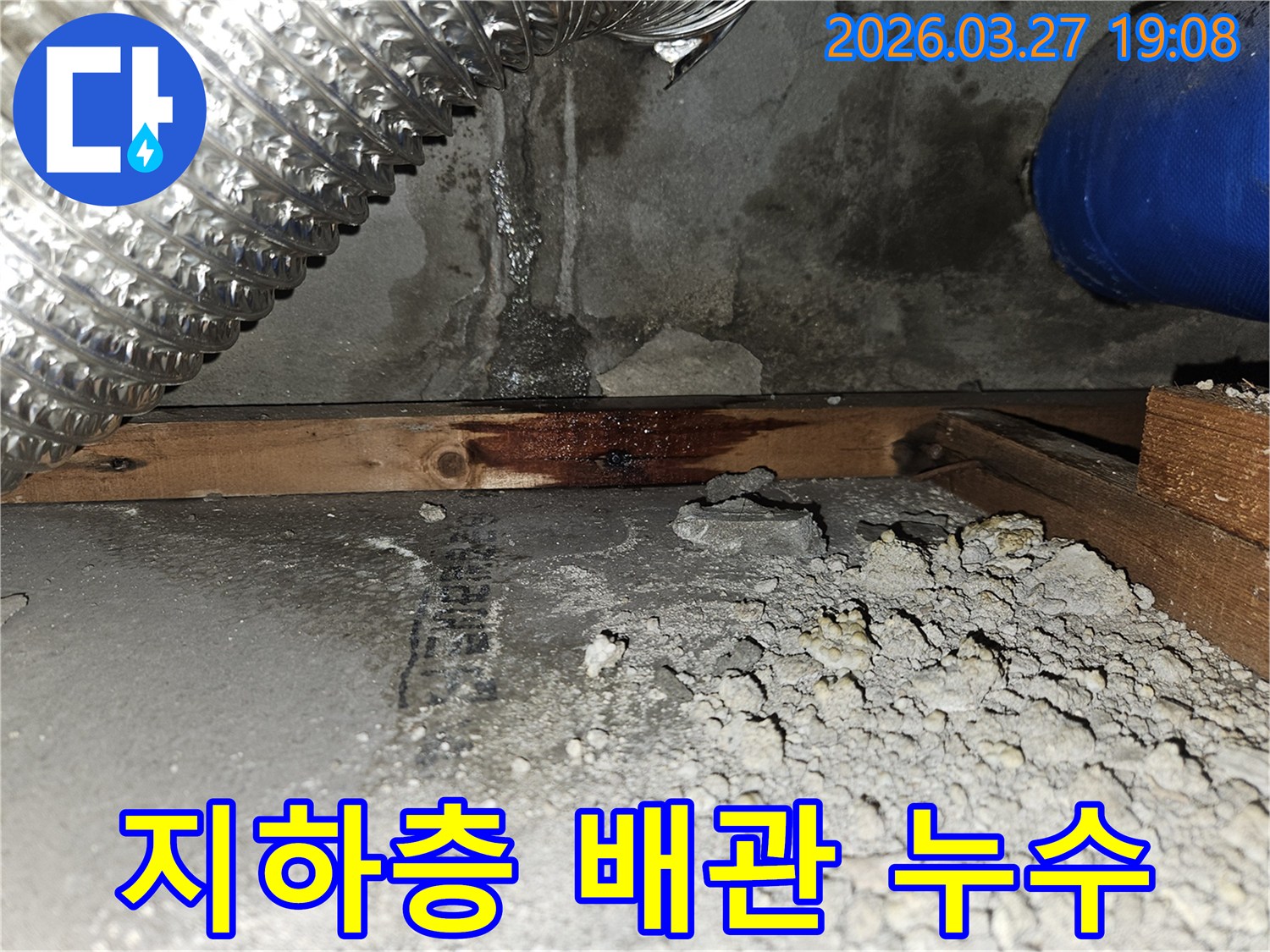 아파트-지하층-벽면과-목재-구조물에-발생한-심각한-누수-흔적-배관-누수가-의심되며-종합적인-해결책-필요