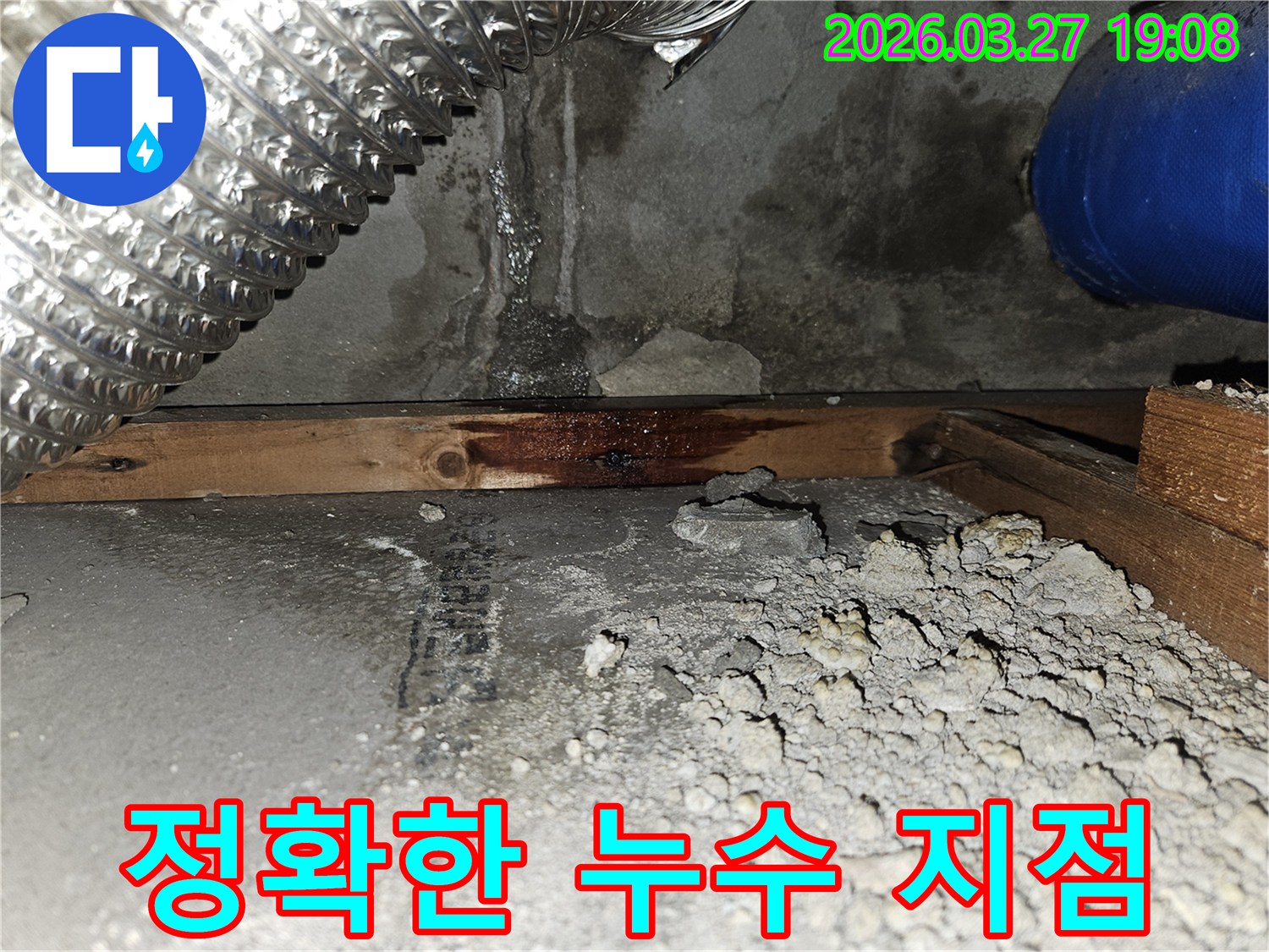 정확한-누수-지점-탐지를-위해-확인된-벽면-하단부의-물-젖음과-목재-구조물-손상-최소-파괴-공법-적용