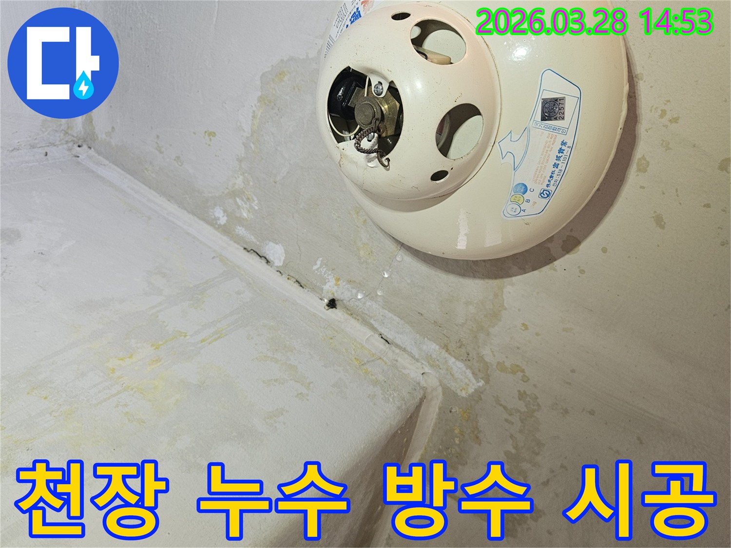 천장-온수기-아래-누수로-인해-천장과-벽면에-심한-물자국과-곰팡이가-발생하여-누수-원인-해결-후-재발-방지를-위한-방수-전문-시공이-필요한-현장