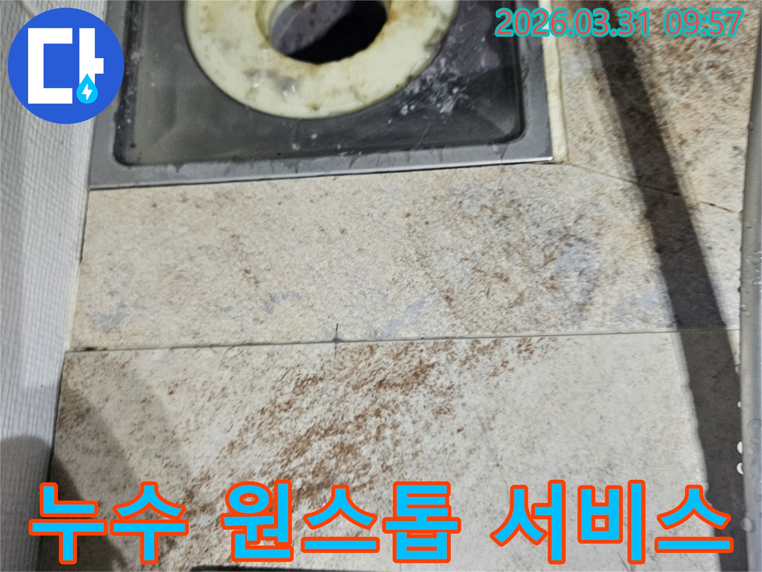 욕실 배수구 주변의-타일 변색은-누수 진단부터-공사까지-원스톱 서비스가-필요함을-보여줍니다.