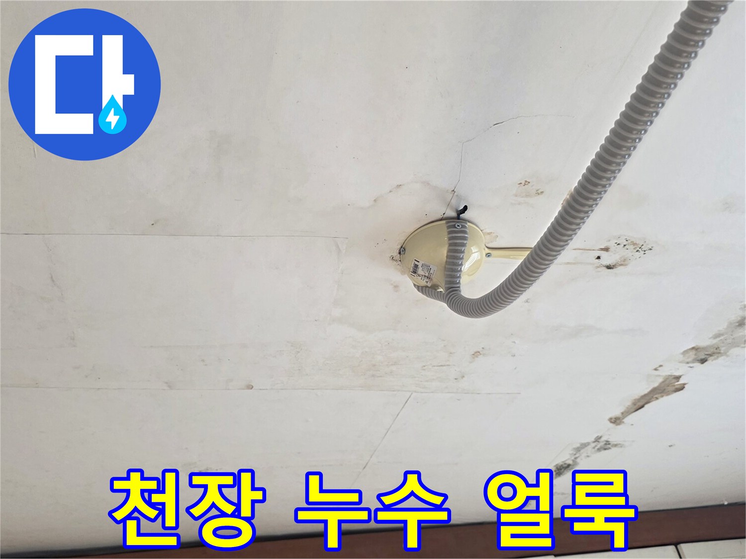 배관 주변의 어두운 얼룩 - 천장재 습기 침투 증거