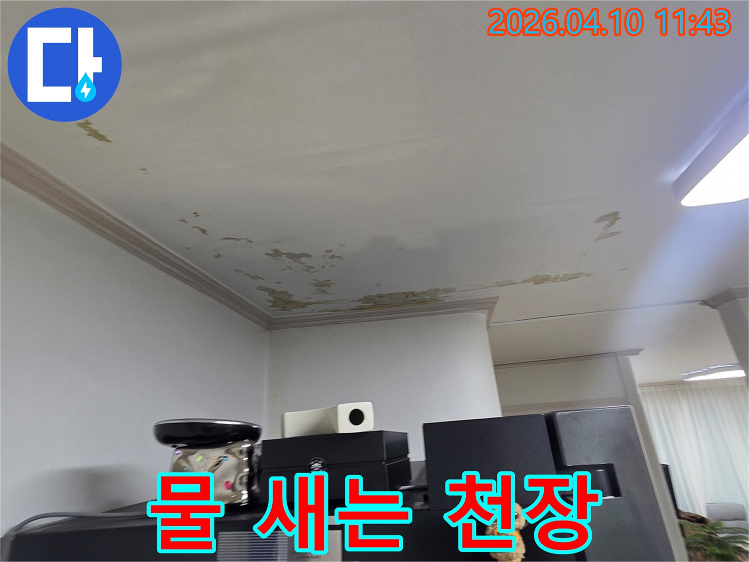 천장 벽지가 젖고-페인트가 벗겨진-누수 현장의-전형적인 모습입니다