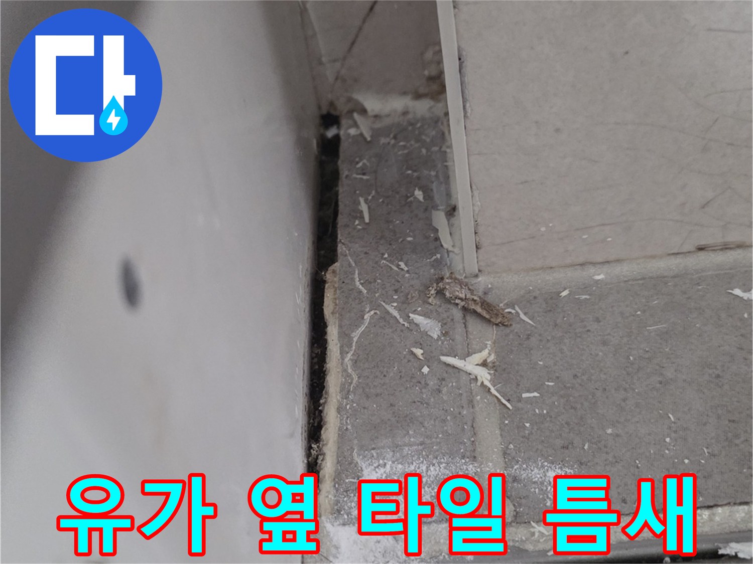 배수구 주변 타일의 벌어진 틈과 백화 현상
