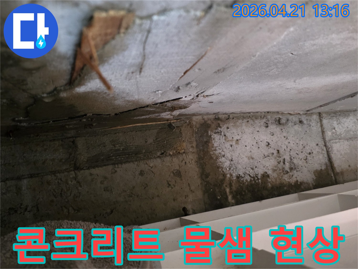콘크리트 구조물에서-발생한 물샘 현상으로-주변에 습기가-확산되고 있는-누수 지점입니다