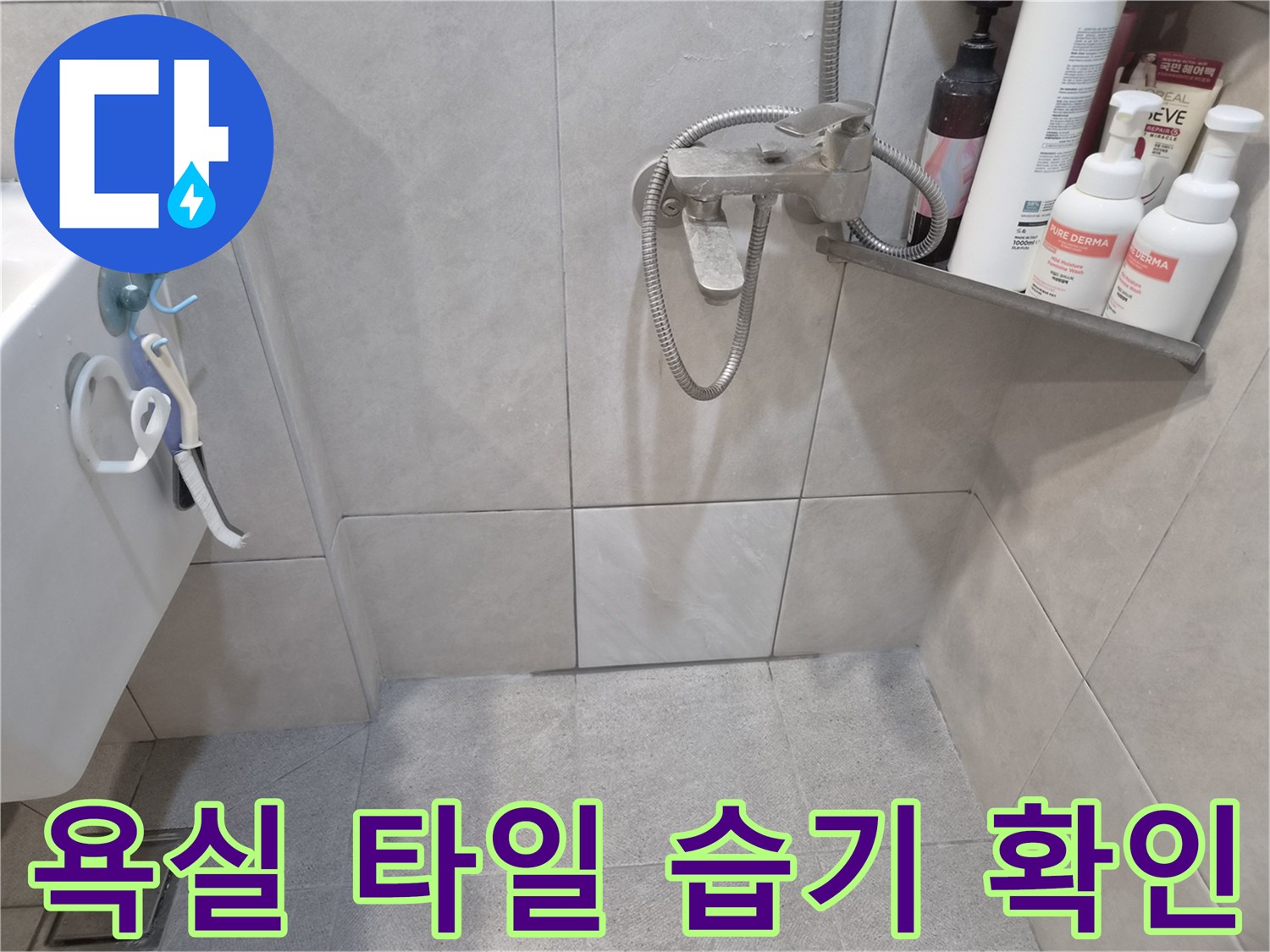 샤워실 벽면-바닥 타일 표면에-남아있는 물기나-습기 흔적을-육안으로 면밀히-확인하는 장면