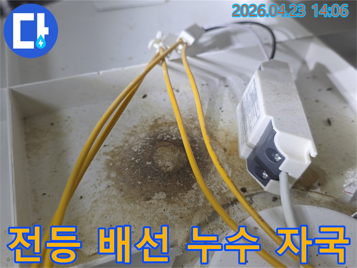 천장 내부 전등 배선 연결 부위에서 발견된 물자국과 흙먼지-오랜 시간 누수로 인해 오염된 상태를 보여줍니다-정확한 누수 지점 파악에 필수적인 증거입니다