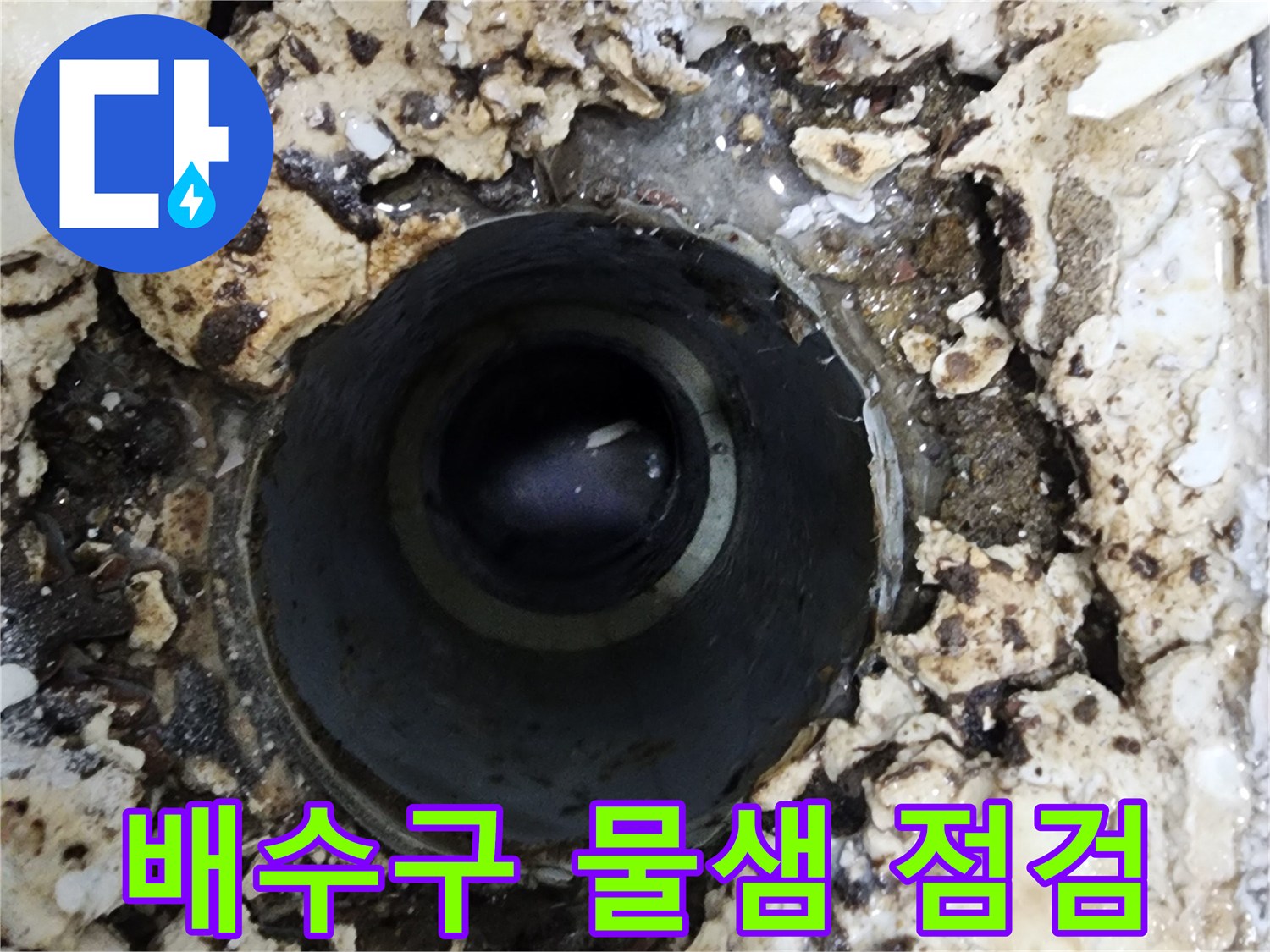 욕실 배수구 주변에서 발견된-물샘 현장을 긴급 점검하는 모습