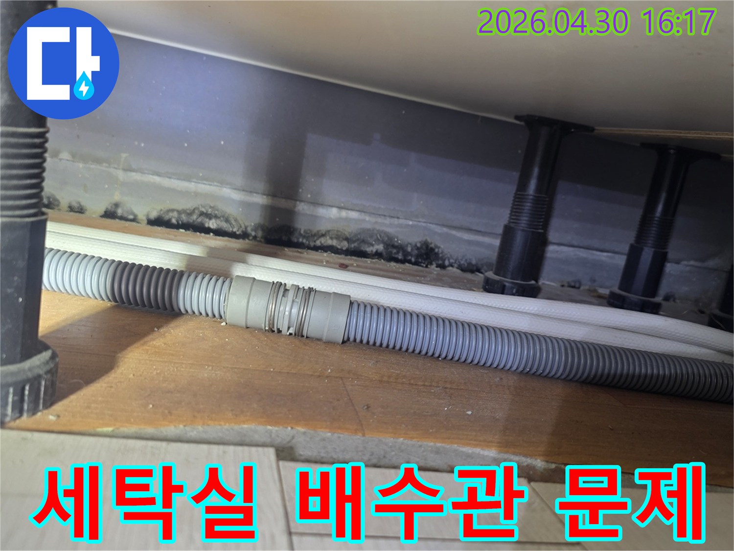 세탁기 배수 호스-연결부위에서 발생한-미세 누수로 인한-벽면 곰팡이