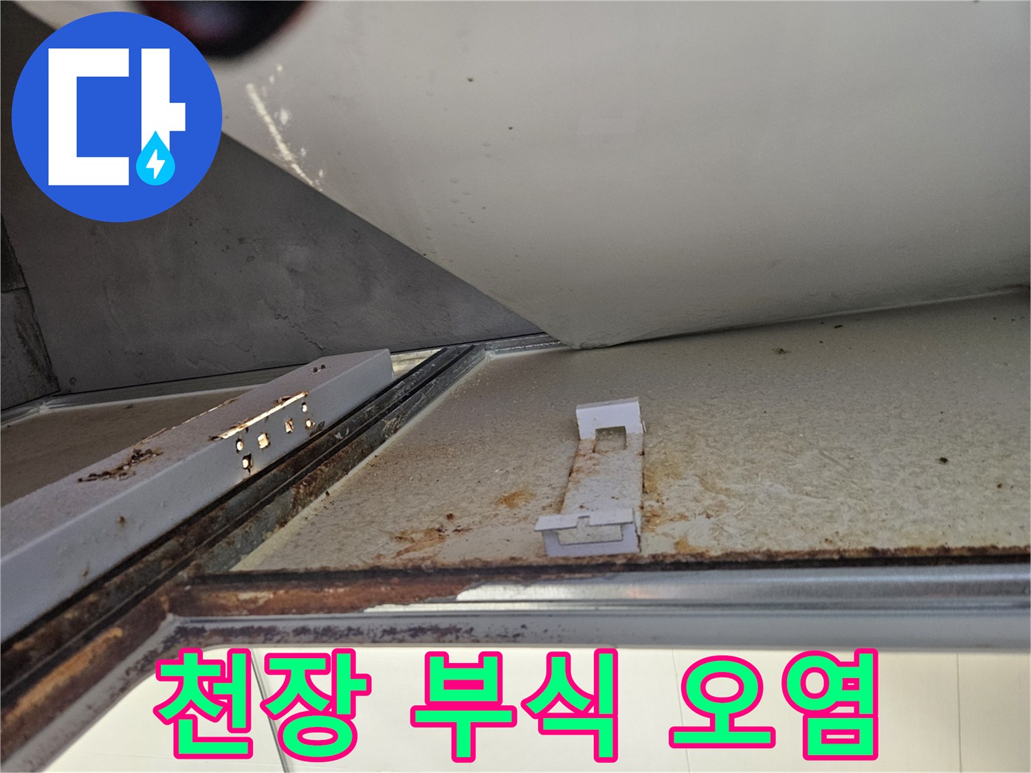 욕실 천장에서 누수로 인한 부식과 오염 현상-심각한 손상으로 이어질 수 있음