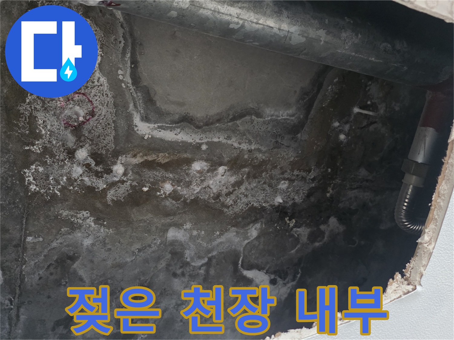 천장 구조물 - 누수로 인해 젖어버린 배관 주변 현장