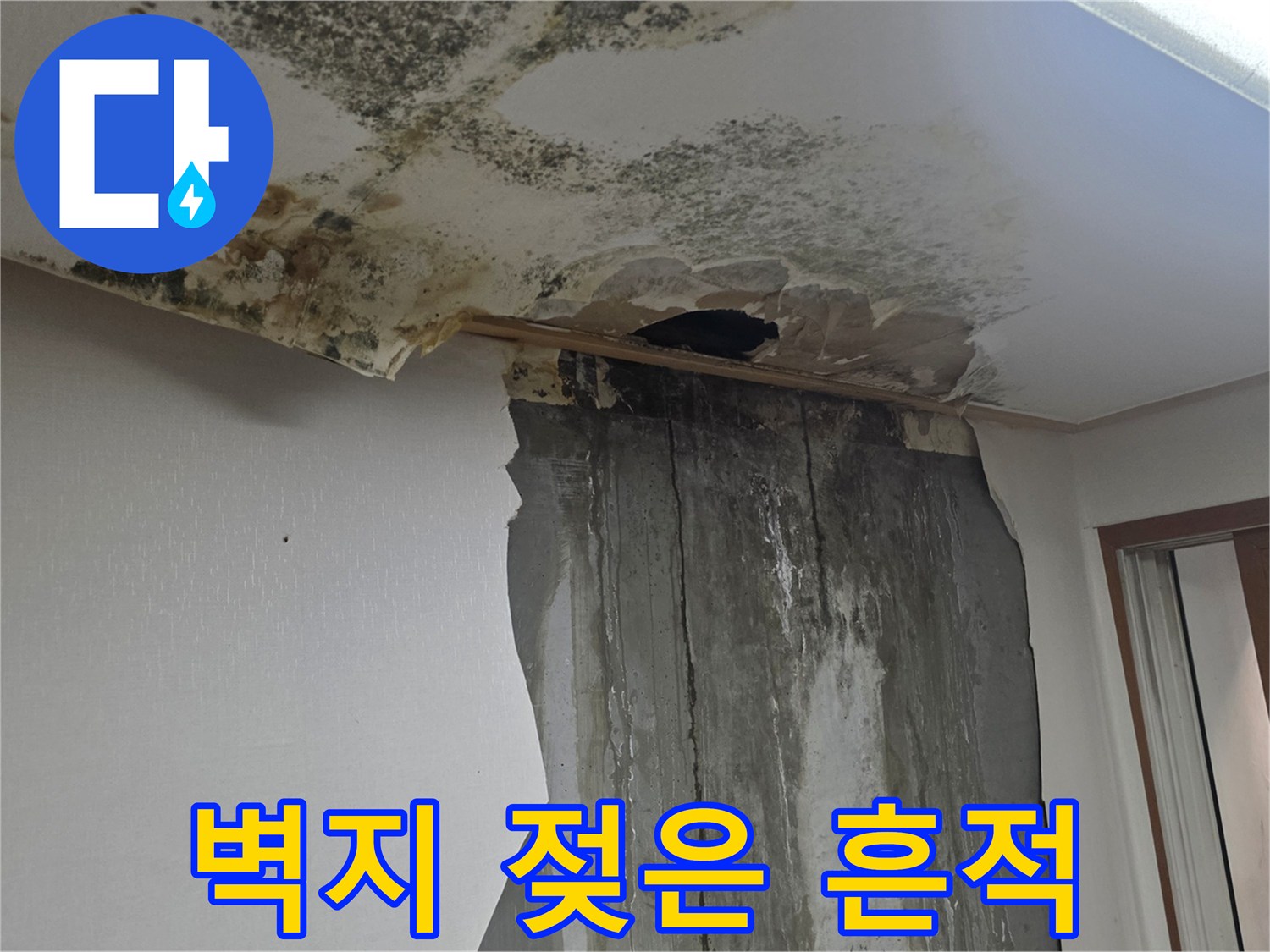 습기로 인해 부풀어 오르고 변색된 천장 벽지 모습