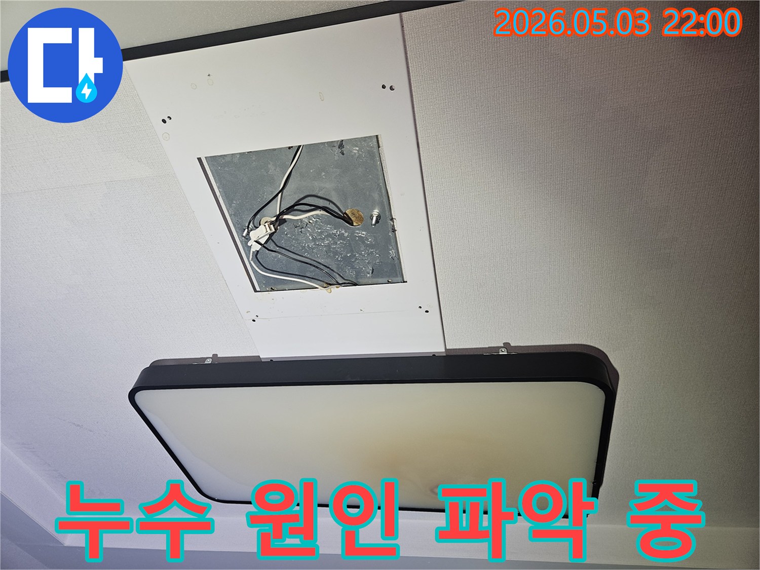 누수-현장에서-전기-안전을-고려하여-전등을-제거하고-내부-상태를-점검하는-사진