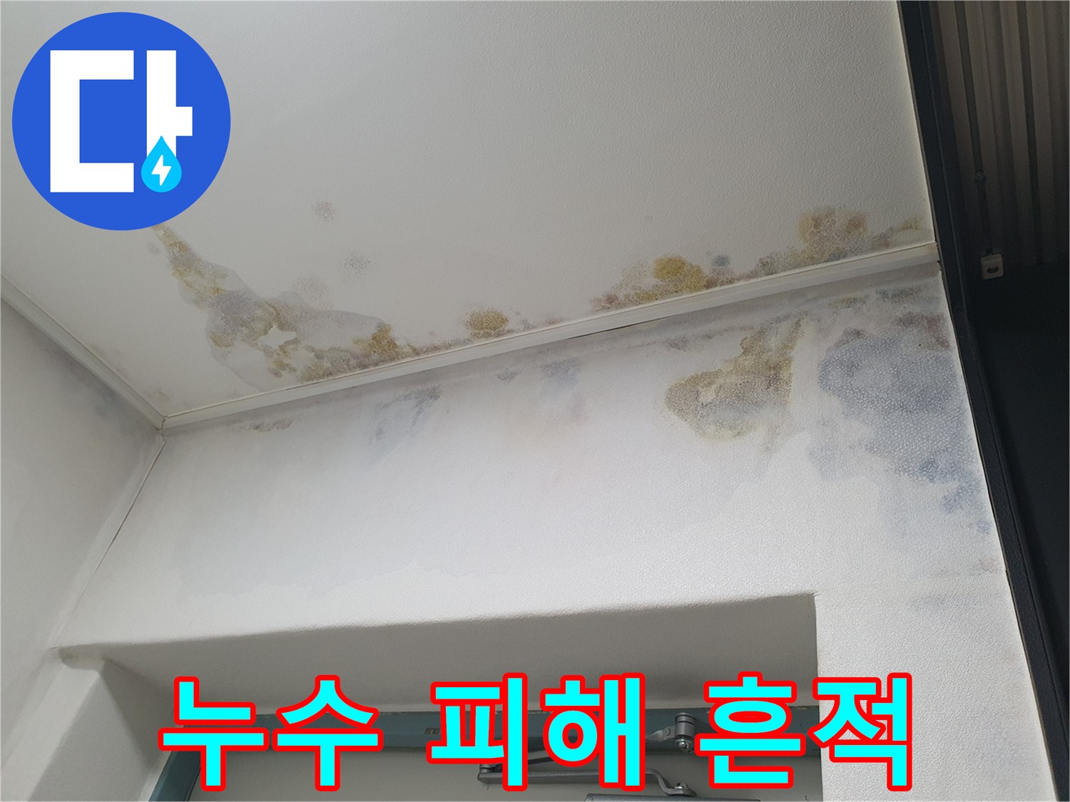 천장 마감재에 나타난 누수로 인한 오염 및 변색 부위