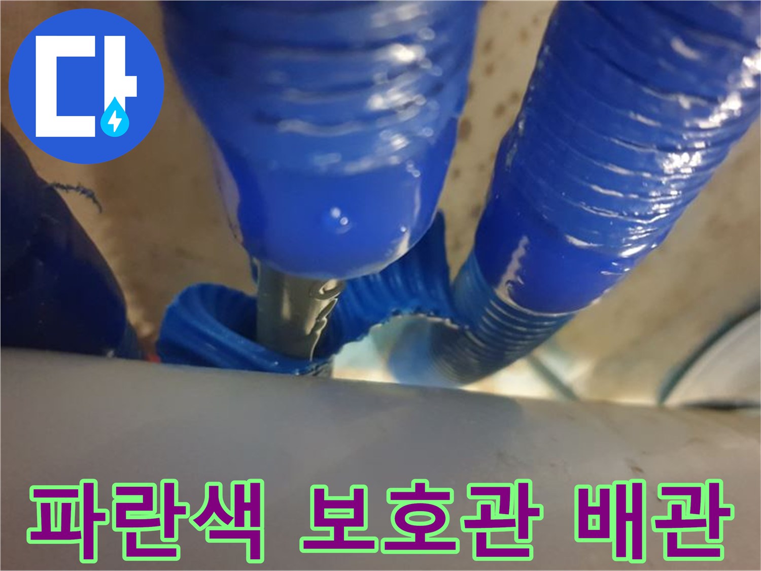 천장 내부의 파란색 이중배층 배관 상세 모습