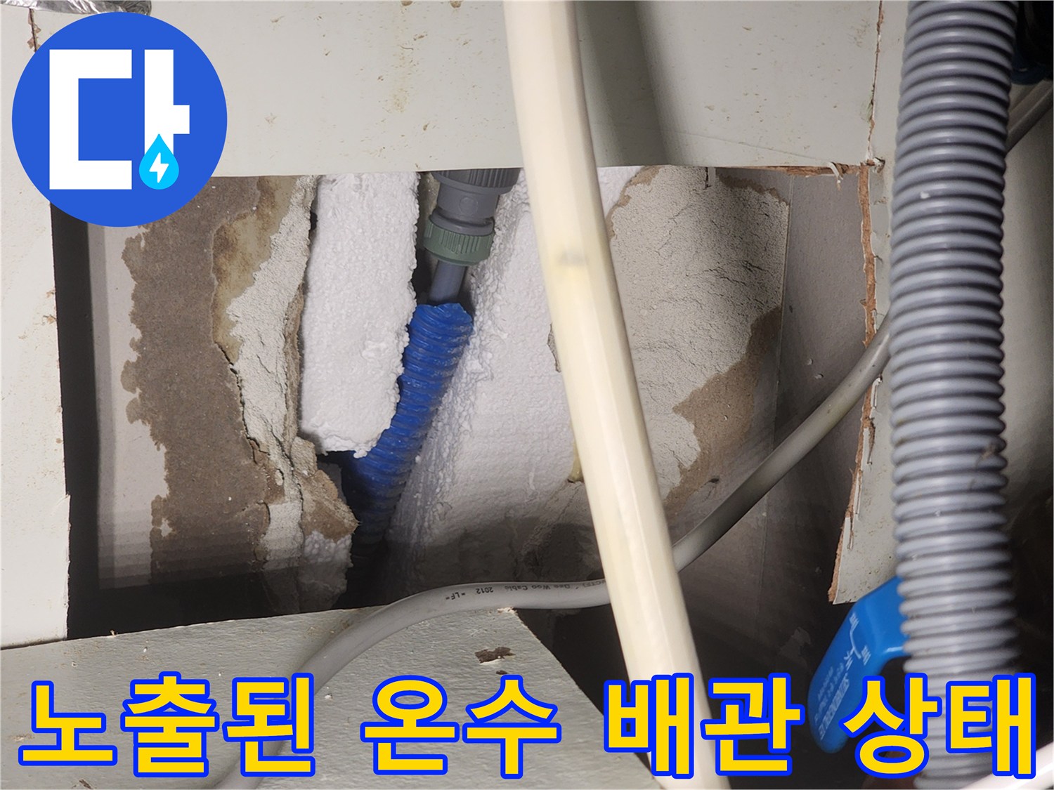 파란색-온수-배관과-흰색-단열재가-보이는-벽체-내부