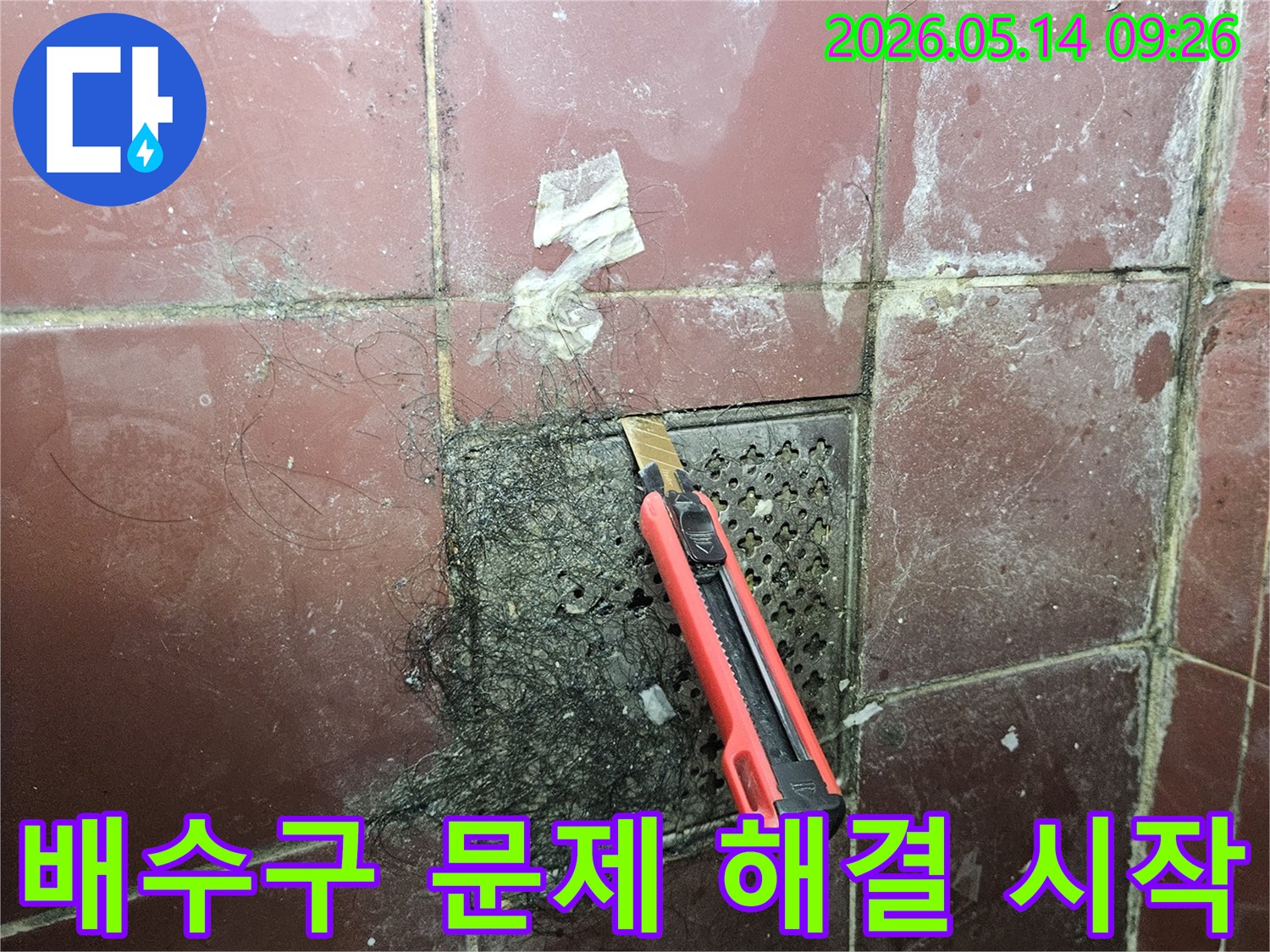 오래된 욕실 배수구에 엉킨 머리카락과 슬러지를 커터칼로 긁어내며 누수 해결의 첫걸음을 떼는 모습