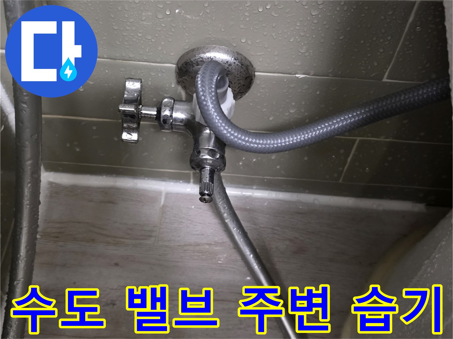 물기가 흥건한 변기 수전 연결 부위와 타일 벽면