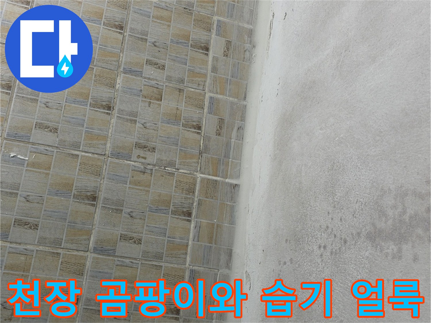 습기로 인해 변색되고 곰팡이가 생긴 베란다 천장 모습