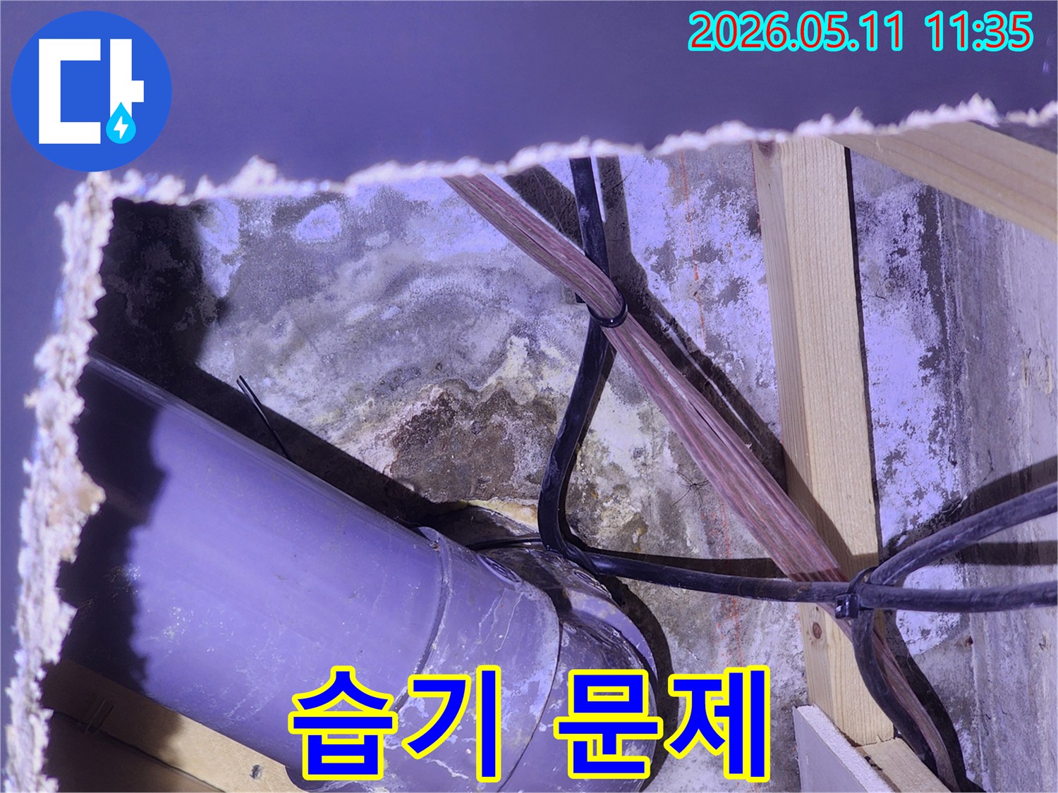 물샘-현상으로-인해-벽면이-변색되고-전선-주변에까지-곰팡이가-번진-심각한-상태입니다.