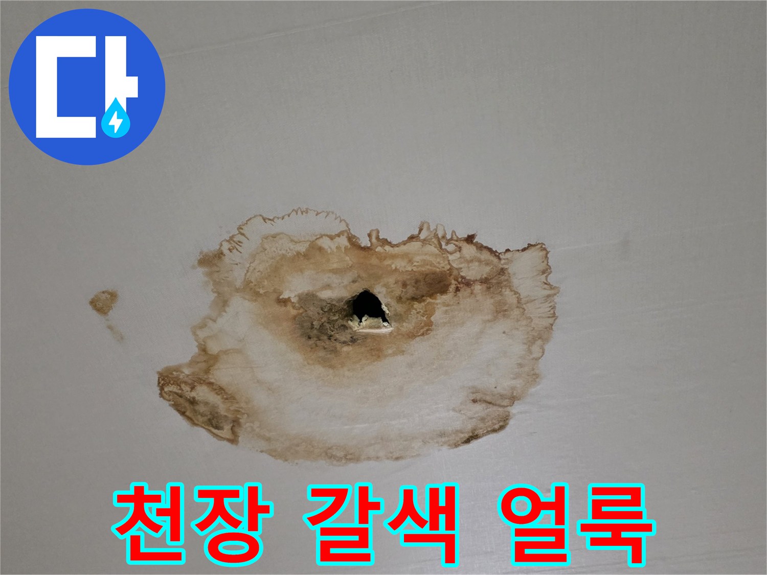 누수로 인해 오염된 거실 천장의 모습