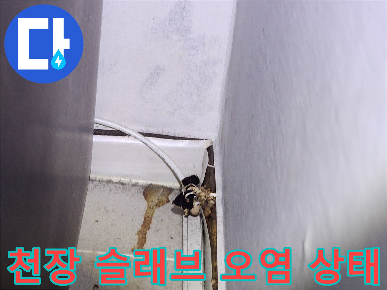 배관 주변의 젖은 콘크리트 벽면과 누수 흔적 사진