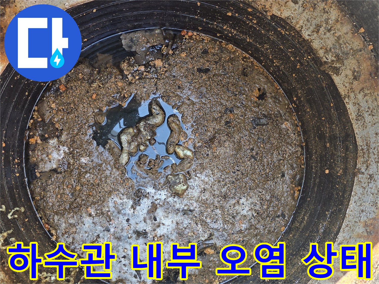 배관 입구 주변-물에 떠 있는 불순물과 기름 덩내