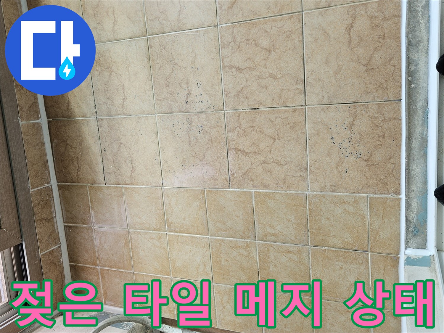 습기를 머금어 어둡게 변한 베란다 타일 줄눈 부위