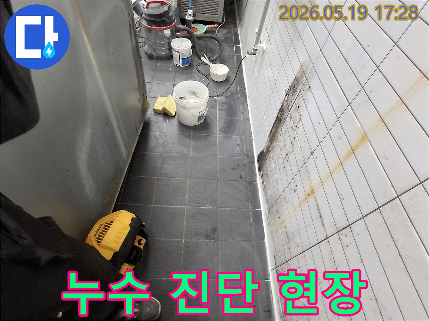 누수 진단 전문가가-천장 물자국과-오염 상태를-면밀히 확인하며-누수 원인을-분석하는-작업 현장입니다.