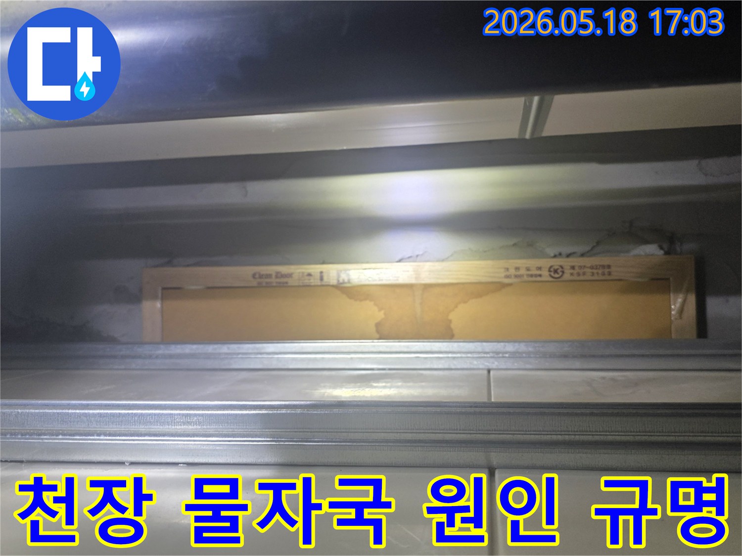 누수 엔지니어가 천장 속에서 발견한-물자국을-정밀하게 분석하는 모습
