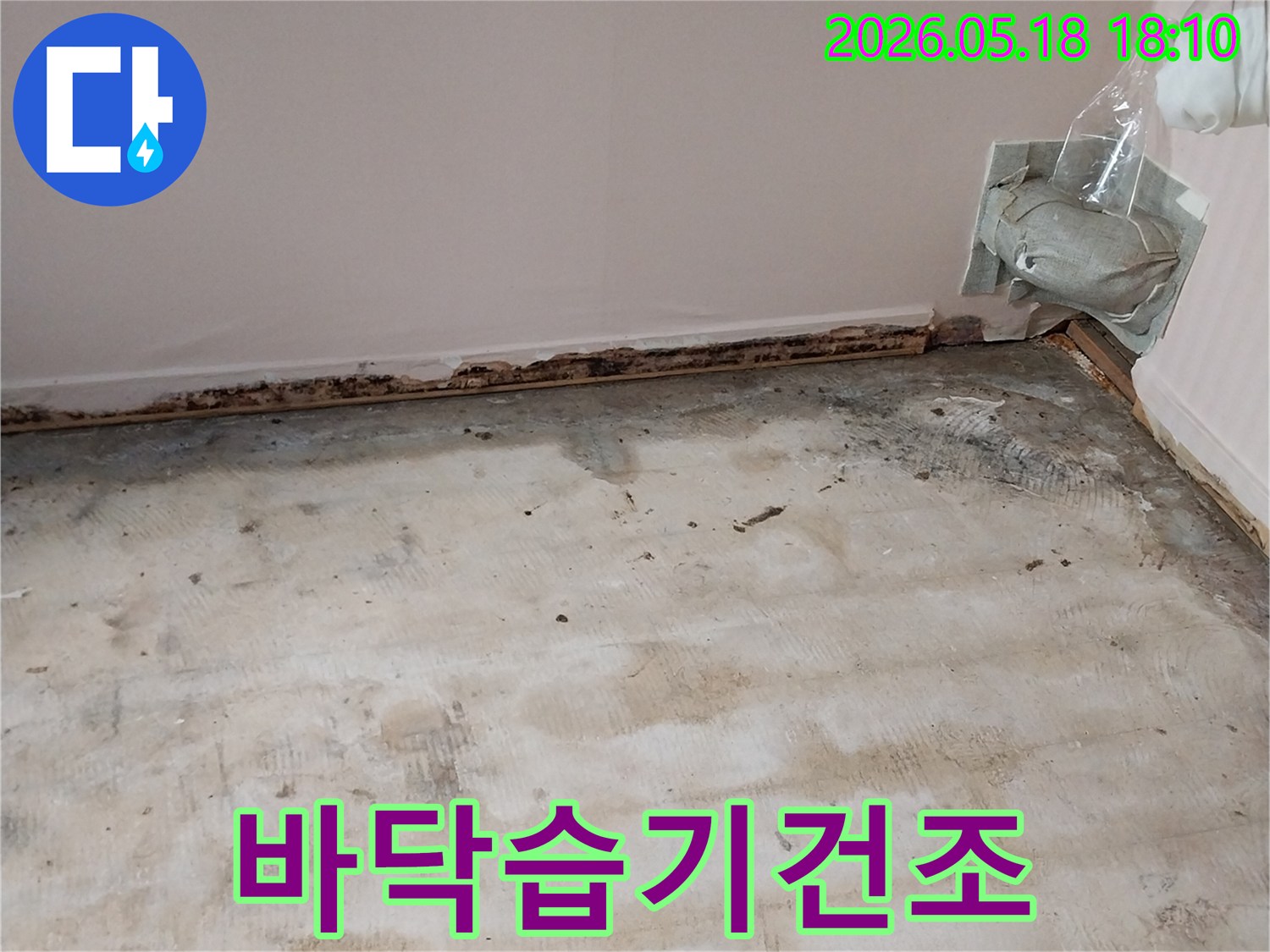 바닥-누수로-인해-발생한-습기를-제거하고-건조-작업을-진행하는-아파트-현장-사진입니다