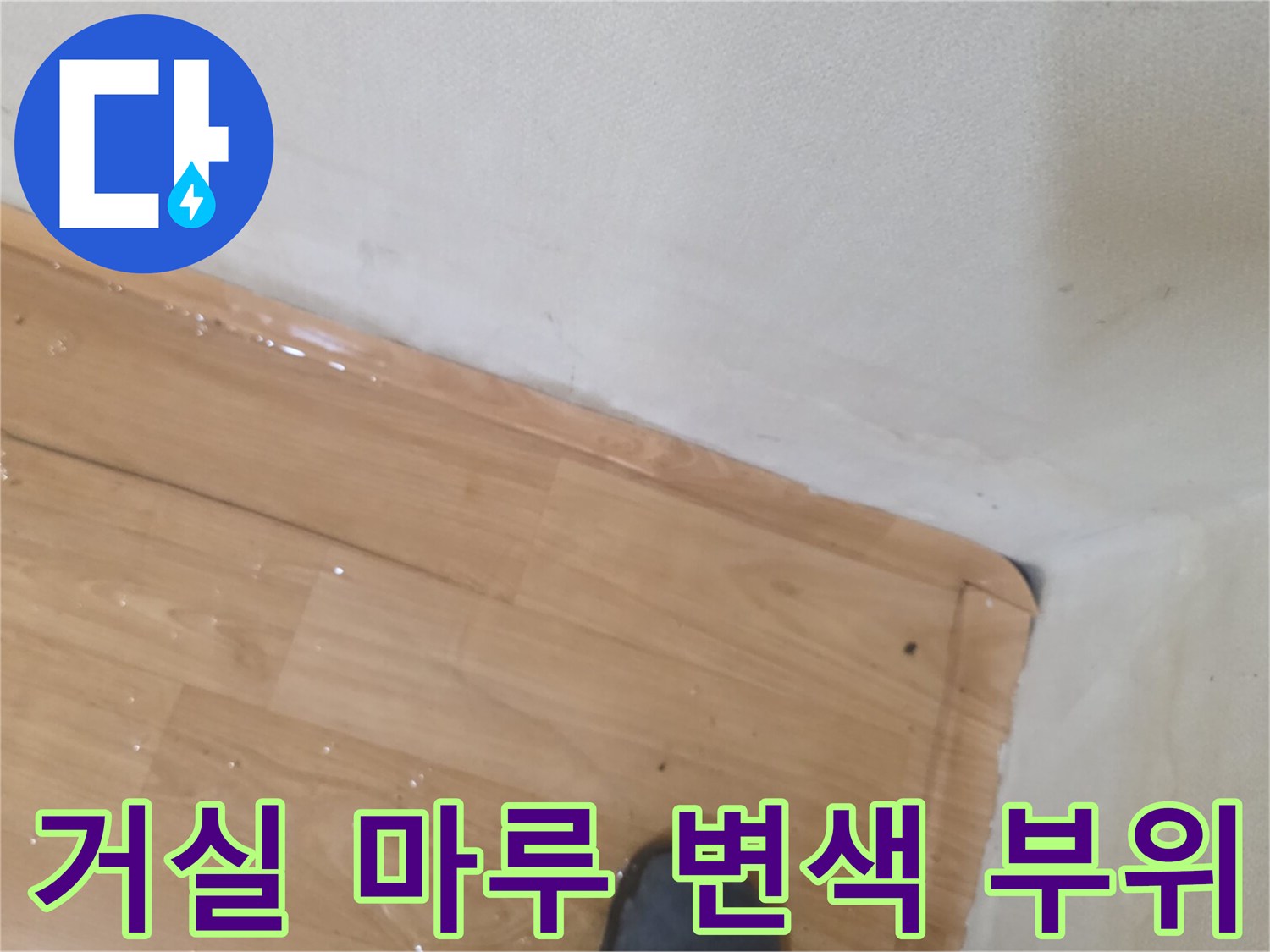송파구 현장-거실 마루와 벽면 경계의 습기 흔적