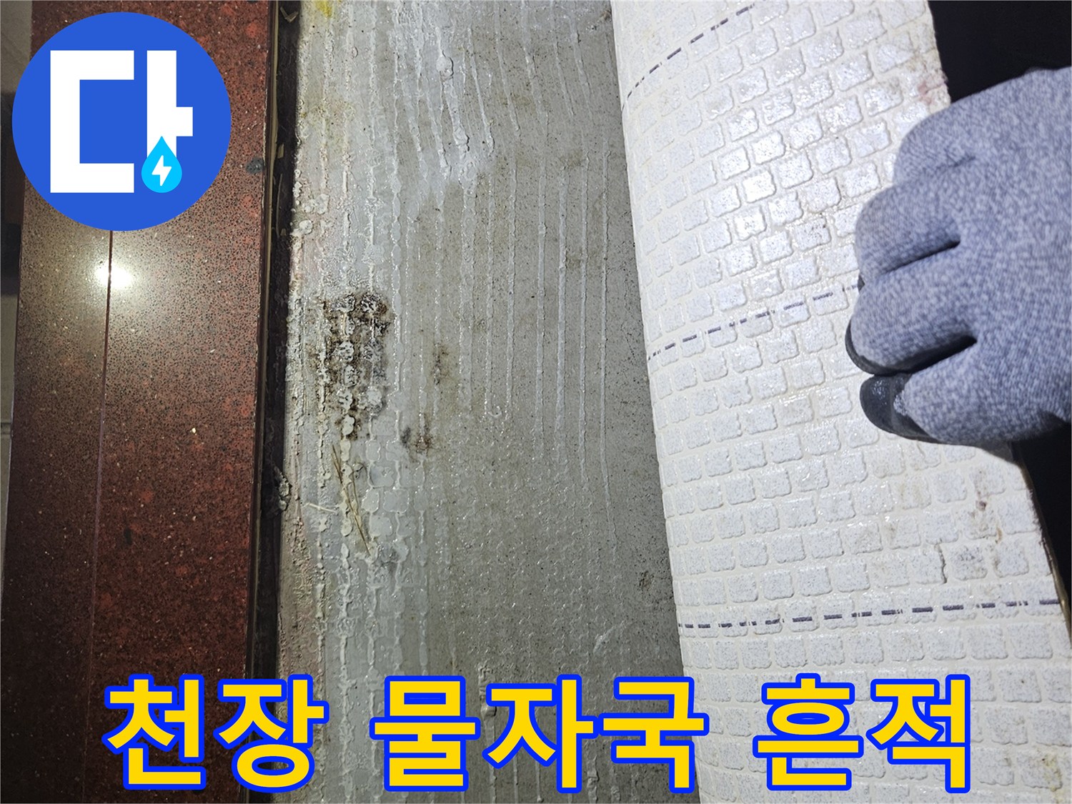 아래층 드레스룸 천장에 발생한 갈색 물자국과 젖은 흔적