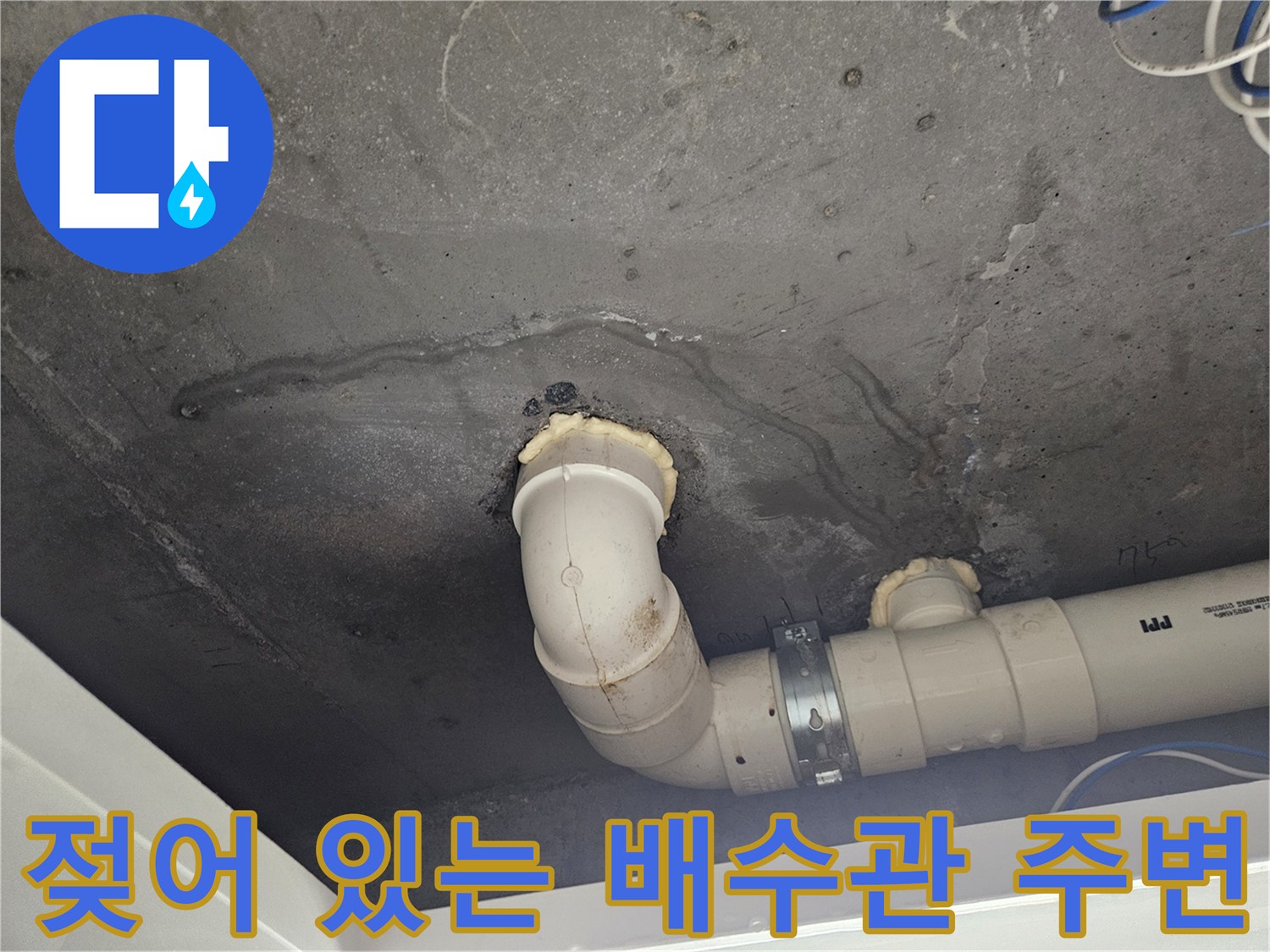 배수관 하부-천장 콘크리트의 누수 흔적과 젖은 부위 촬영