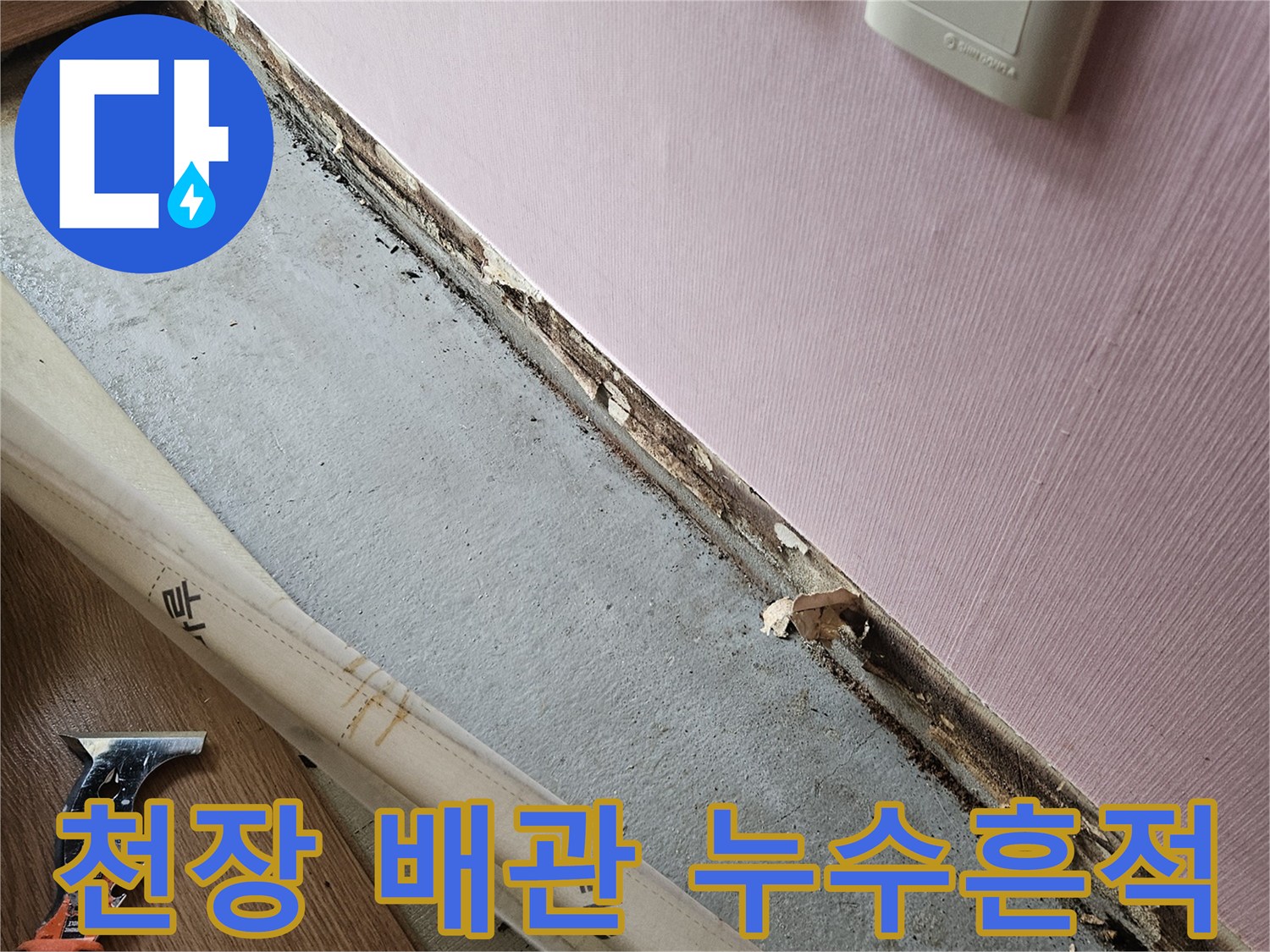 천장 배수관 주변의 젖은 슬래브와 물길 자국