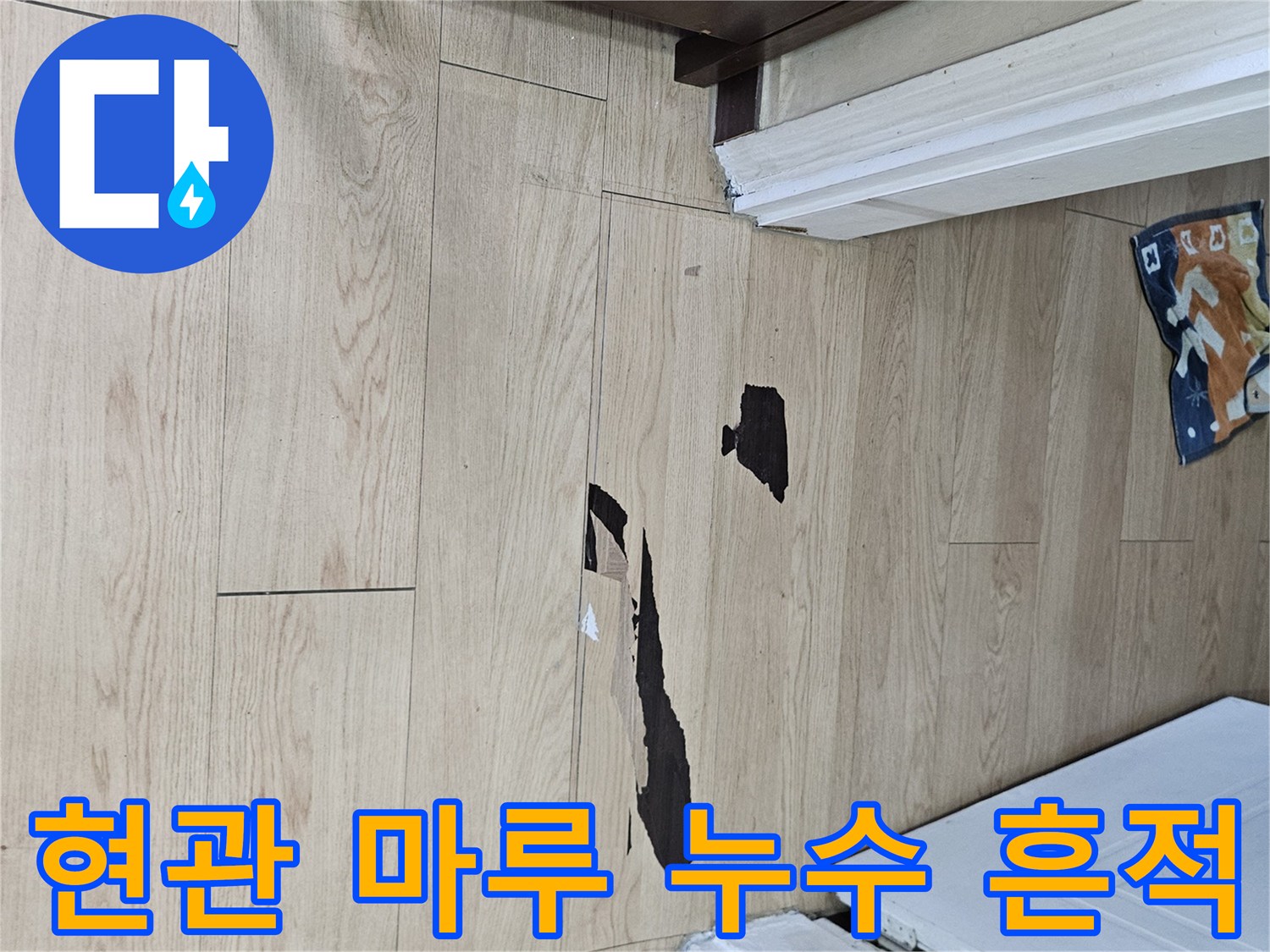 물기가 스며들어 검게 변한 현관 바닥재 모습