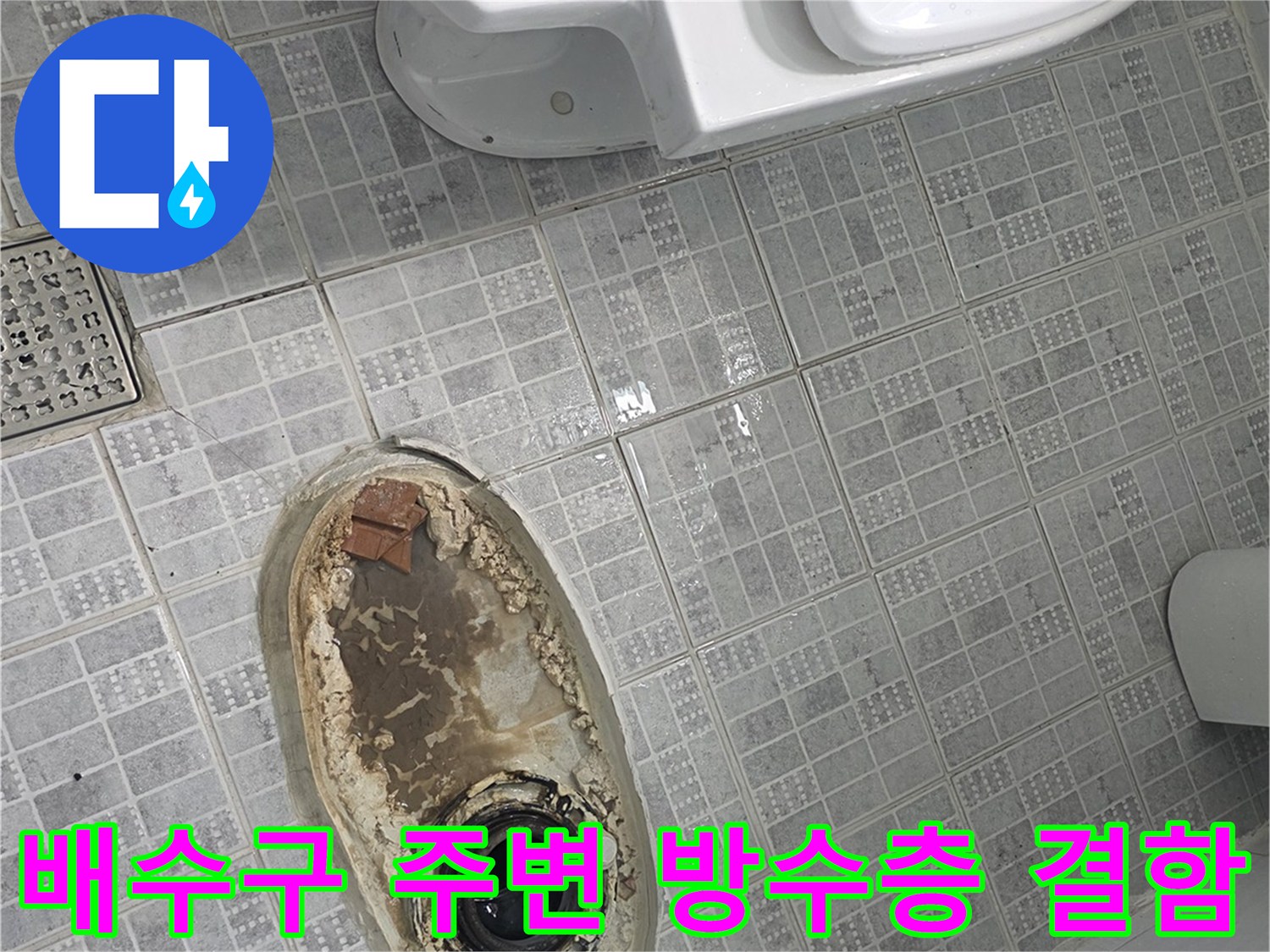 오염된 배수구 유가와 변기 하단부의 습한 상태를 보여주는 사진