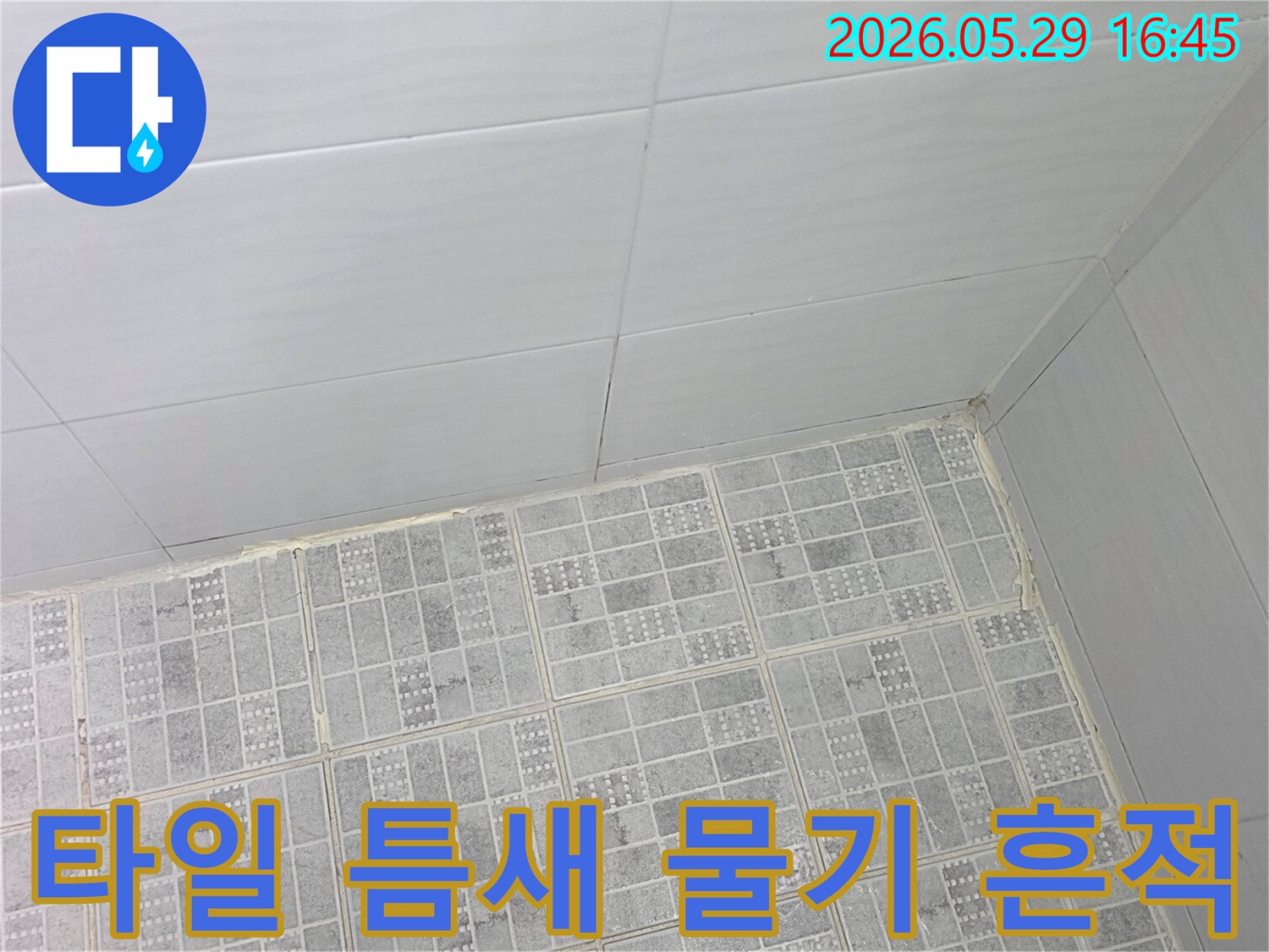 타일 사이의-오래된 실리콘이-제 기능을 못하여-물이 스며드는-누수 지점을-촬영한 모습입니다