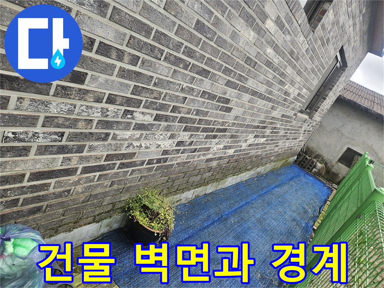 벽돌로 쌓인 건물 외벽과 마당의 경계 지점 사진입니다.