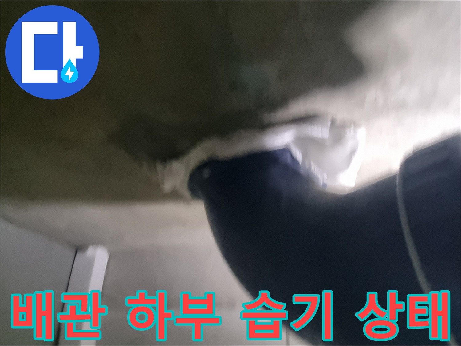 오수 배관 주변의 젖은 콘크리트 표면