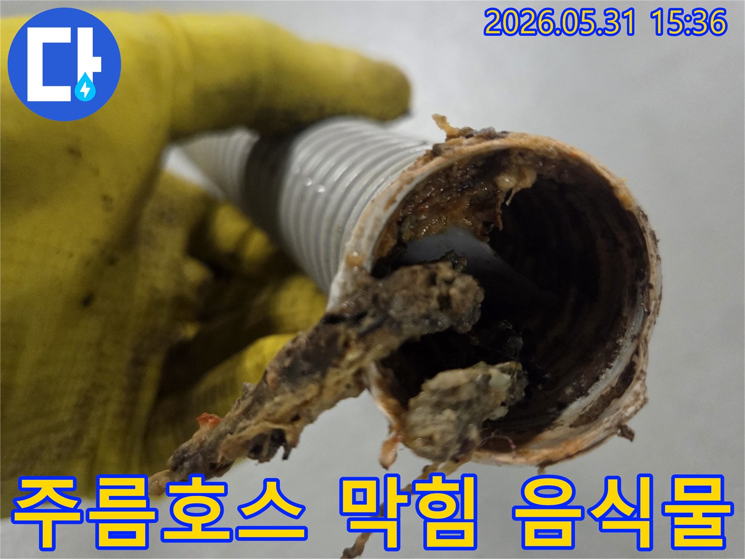 음식물 찌꺼기로-심하게 막힌-싱크대 주름호스 내부 모습