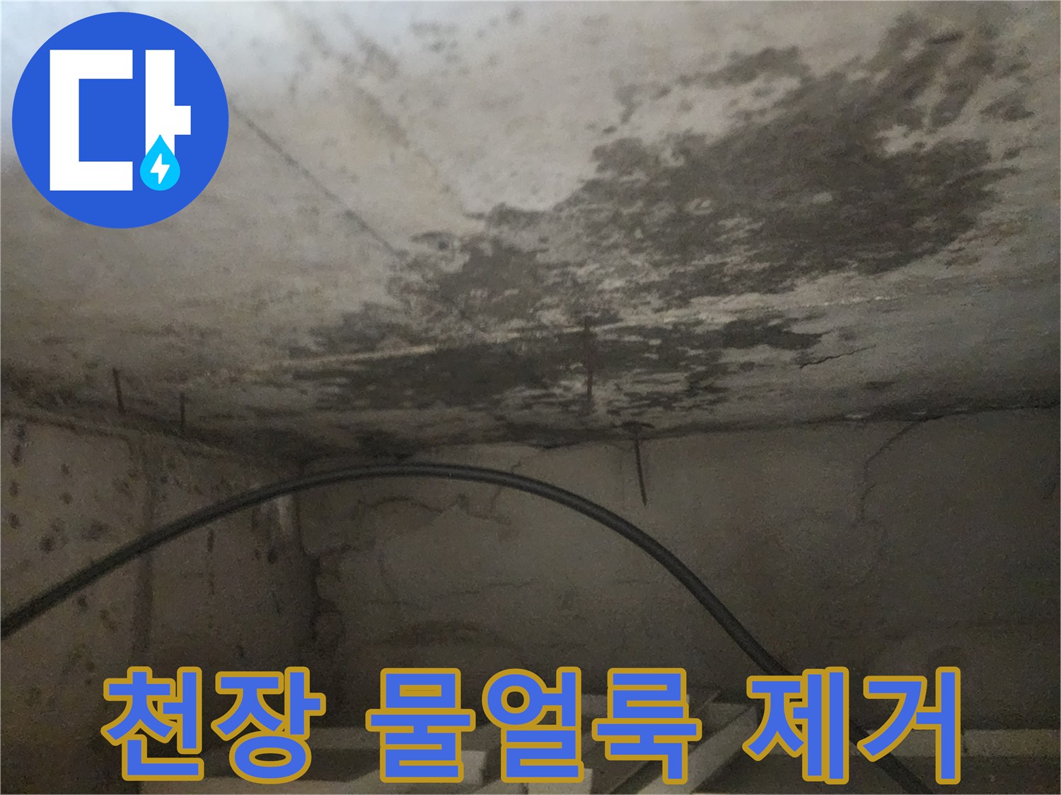 아래층 화장실 천장에 선명하게 남은-누수로 인한 물얼룩을 보여주는-현장 사진입니다.