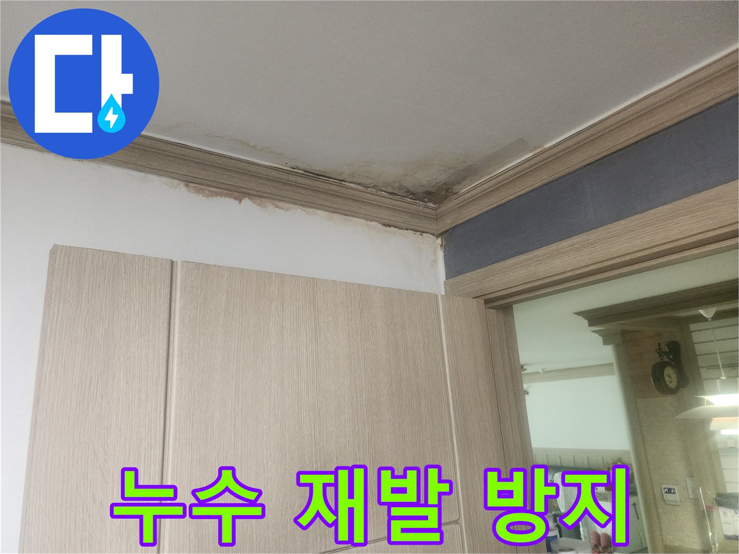 천장-누수로-인한-얼룩과-곰팡이-발생-현장을-보여주며-재발-방지-시공이-필요합니다.