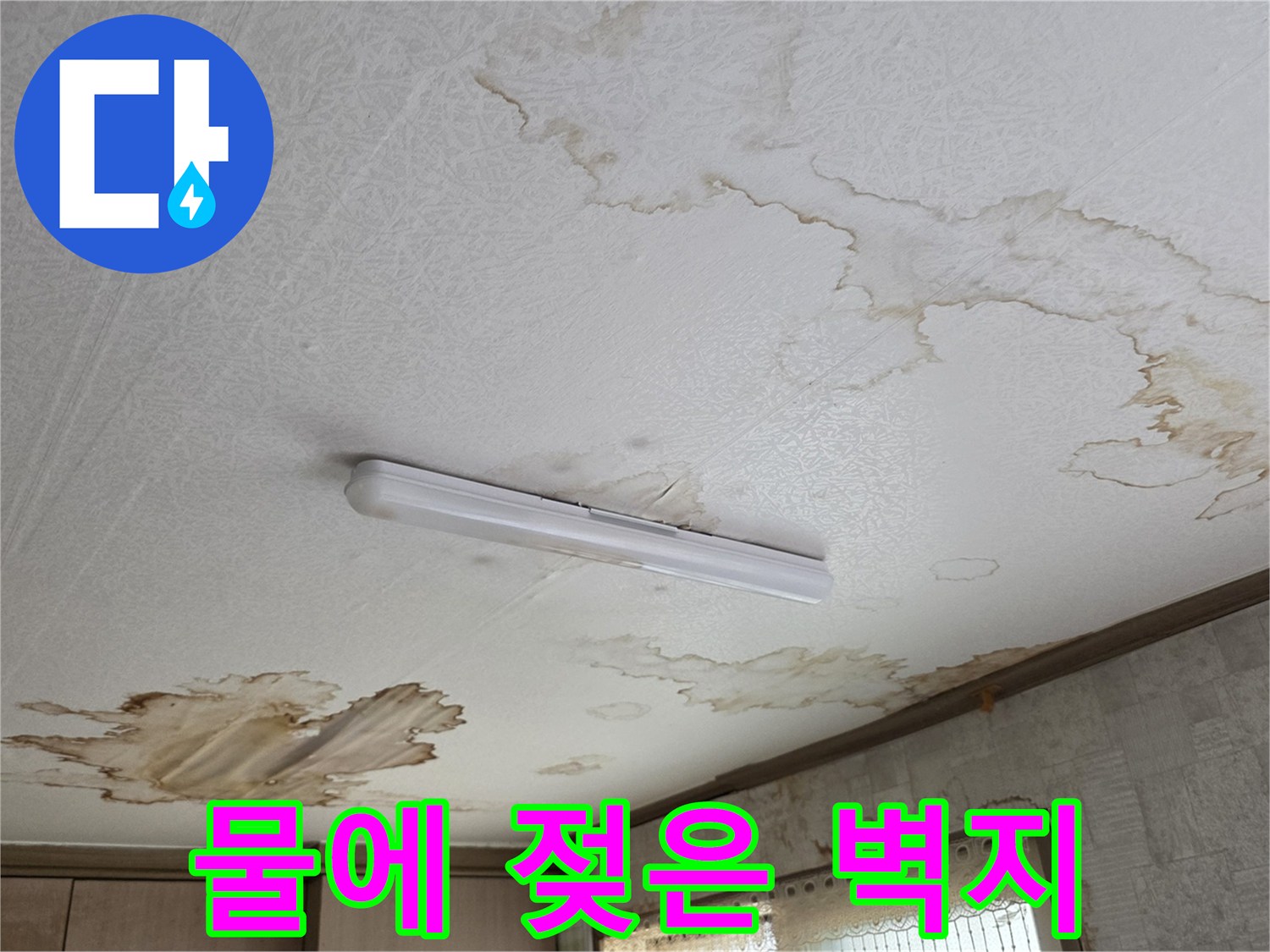 파주 교하 현장-갈색으로 변한 천장 벽지와 습기 침투 흔적