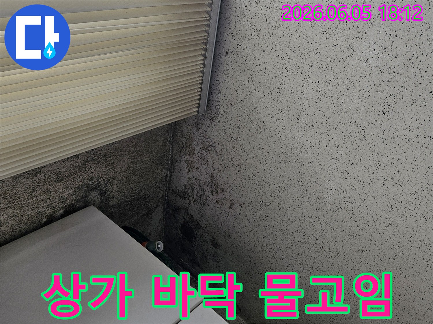 상가-바닥-모서리에서-발견된-지속적인-물고임-현상과-습기-자국