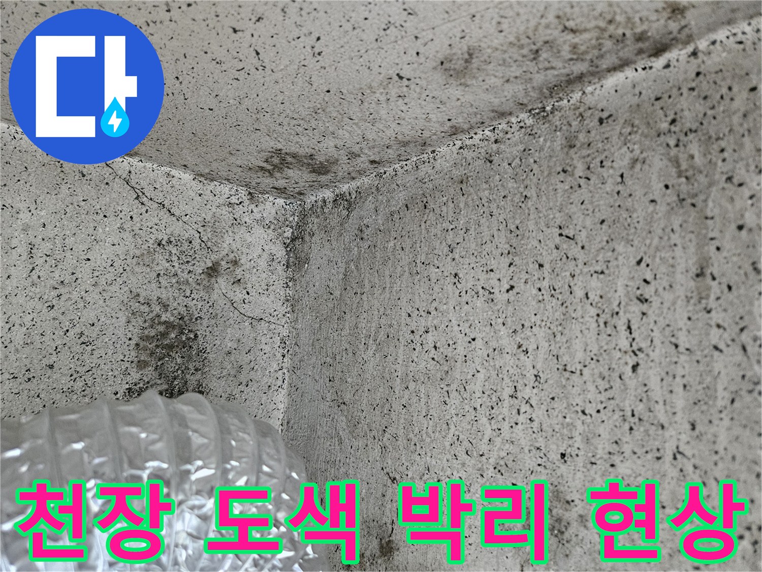 습기로 인해 페인트가 들뜨고 벗겨진 베란다 천장 부위
