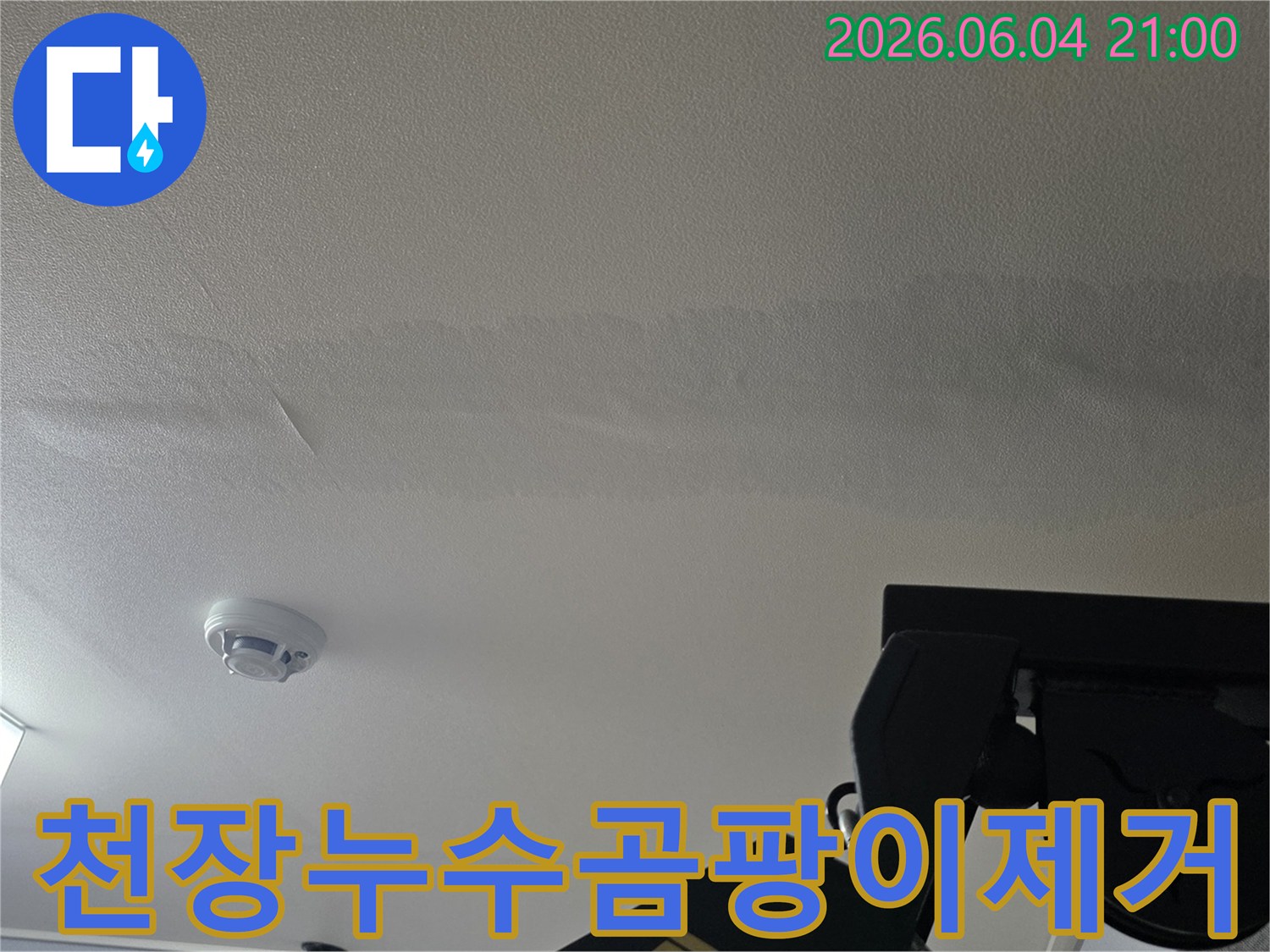 누수로 인해 천장에 생긴-물 얼룩과 함께-곰팡이 발생 가능성을 보여줍니다