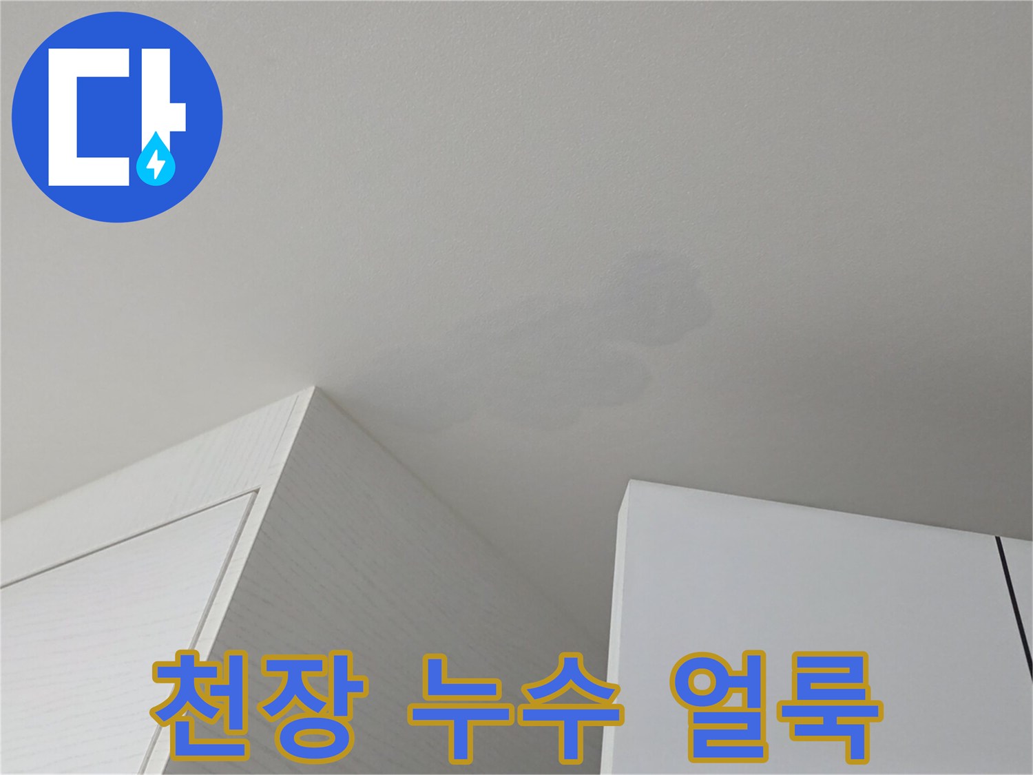 하얀색 천장지에 나타난 회색빛 누수 흔적 부위