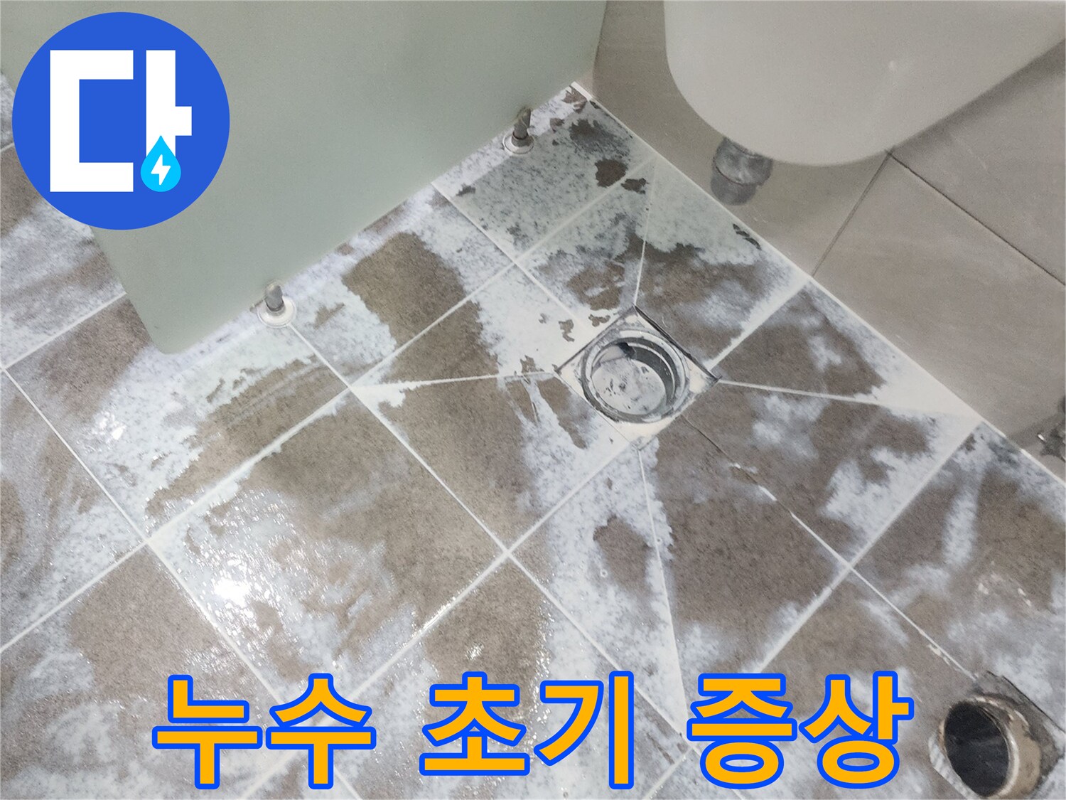 경기 고양시 일산동구-욕실 바닥 타일-배수구 주변에 나타난-하얀 물자국을 통해-누수 초기 증상을 진단하는-현장 사진